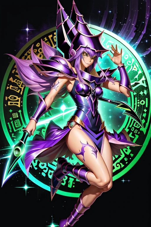 una imagen de un personaje de anime morado y verde con una espada, yugioh art style, Estilo Alex Gray, estilo yugioh, aura de oscuridad, galactic deity, Chica Maga Negra, Holographic sheet!, estilo de espada fantasma, obra de arte de yugioh, mystical anubis valkyrie, estilo de arte arcano, dios legendario sosteniendo lanza,  ⃣ → Dark Spectrum Prime, rostro perfecto