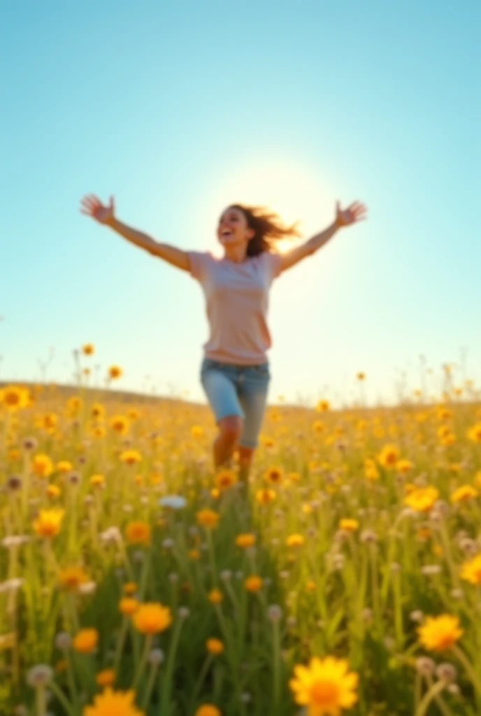 Field of Flowers, The girl runs, runs away from the camera into the distance, rejoices, hands to the side, Hair develops, big breasts, emotion of joy, curiosity, bright colors, high contrast, blue sky, clouds, Sun rays, high detail, soft green grass