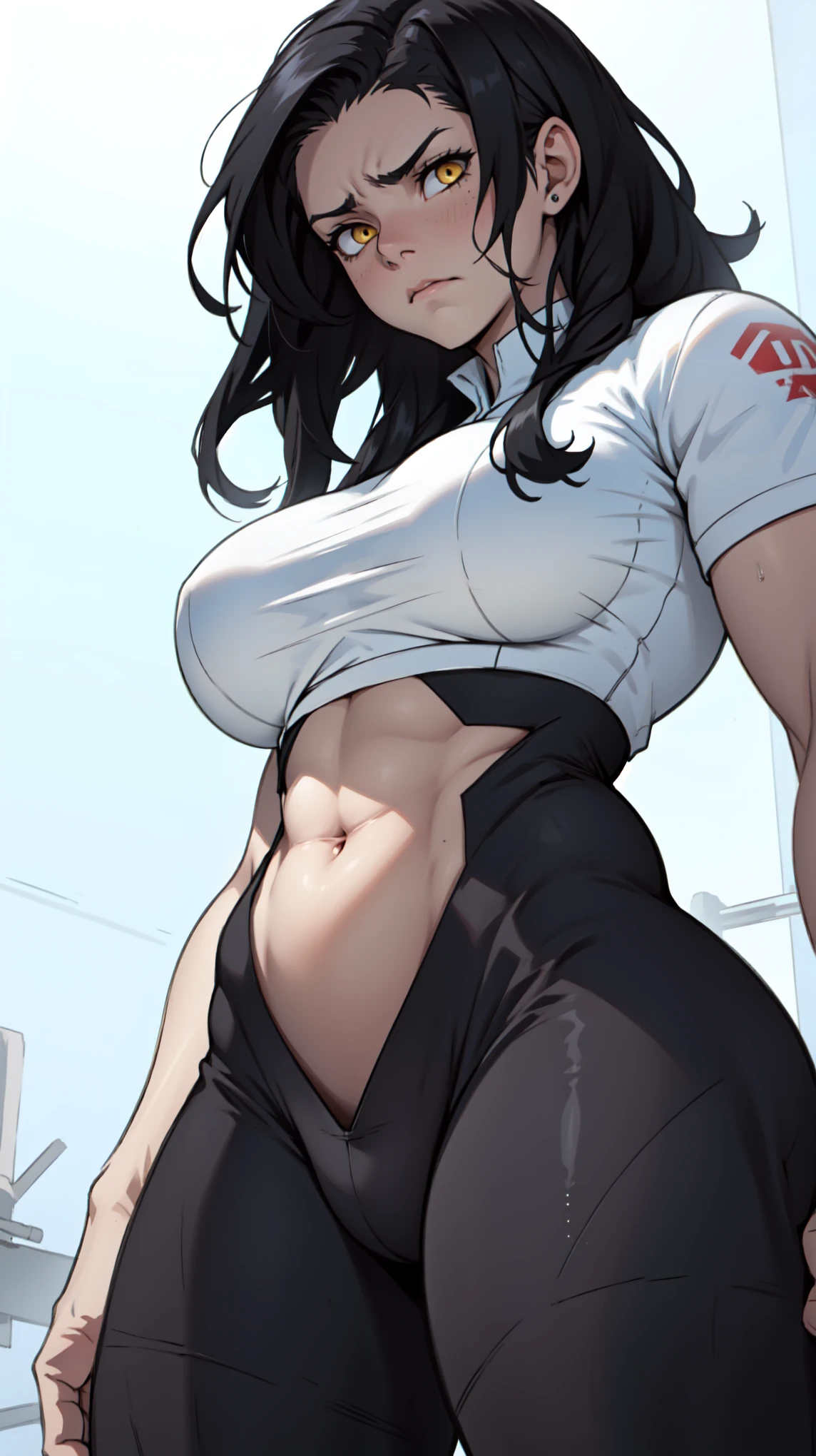 muscular girl thick breasts black hair yellow eyes pale skin best quality sad frown