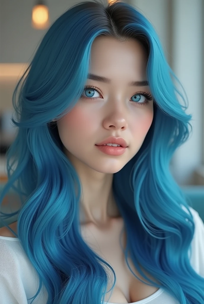  Cieelo is 19 years old , Russian,  well-shaped and well-proportioned body . Woman Arafed, Beautiful white and soft skin, (( with blue hair  (color: #3eb0e8 ) long and smooth, Beautiful eyes also blue ,dances sensually in vibrant K-pop inspired attire. She wears an elegant plaid miniskirt with folds, combined with a tight top and knee-high boots