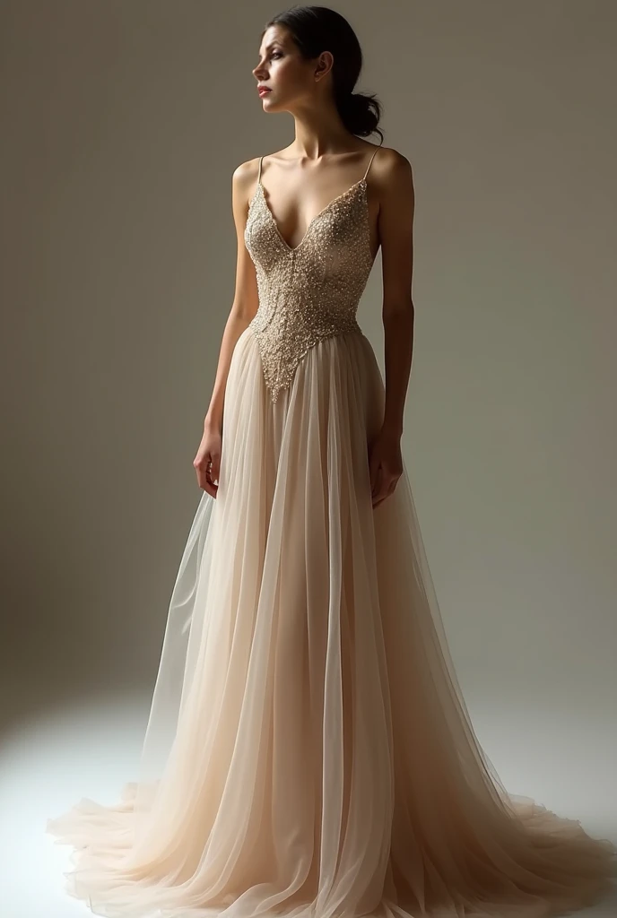 "Produza uma imagem de alta qualidade de um vestido de festa bordado, exibindo detalhes em pedraria no estilo de Elie Saab, com foco no manequim, apresentando a parte da frente e das costas com destaque para os detalhes e bordados."