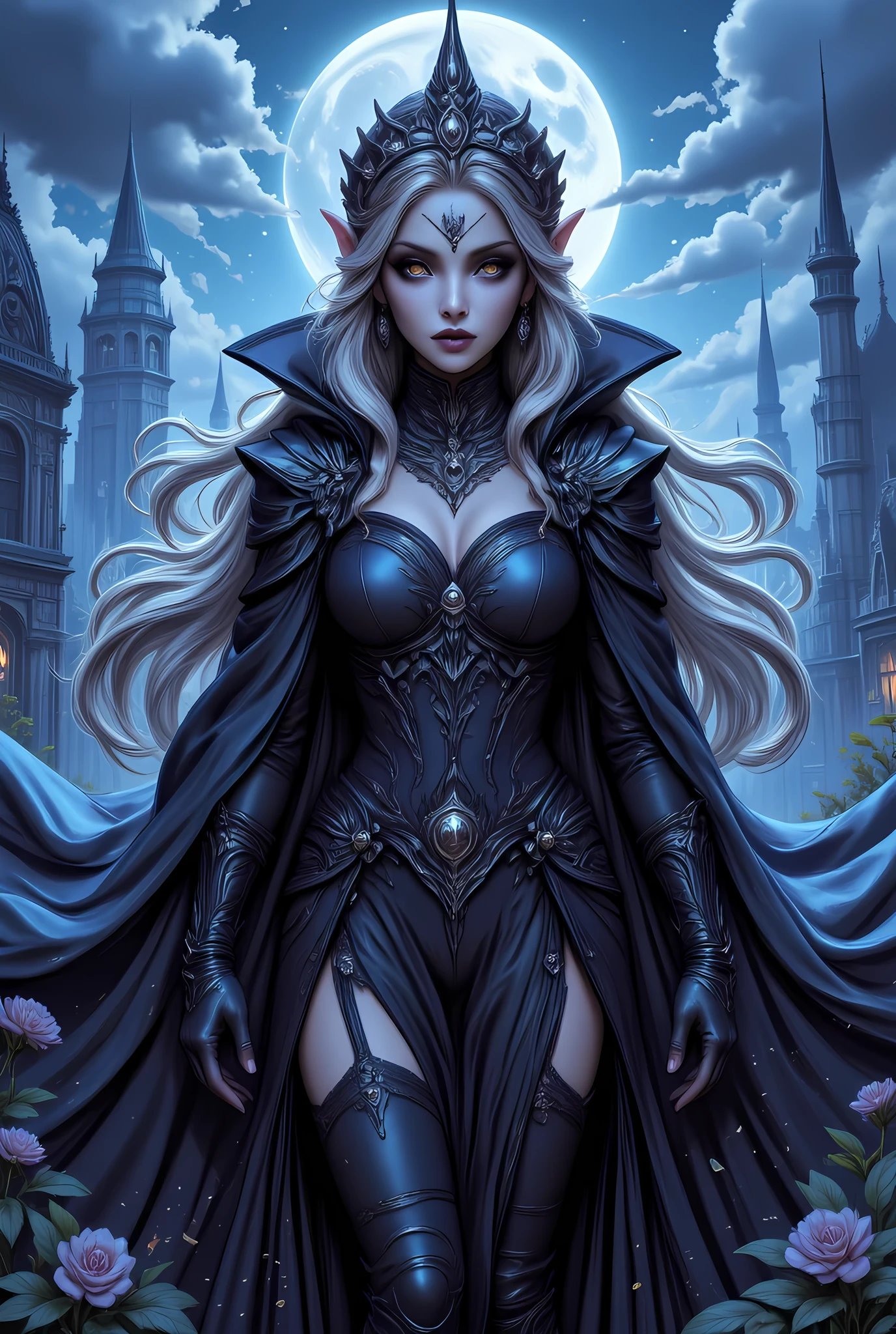 (masterpiece), (best quality), (ultra-detailed), (best illustration),(best shadow),1 woman, thick and wide black horns, short white spiky hair, scene inside an ice castle, stylish winter clothes, wide face, black eyes, white iris, pointy ears, striking red lipstick, blue white skin