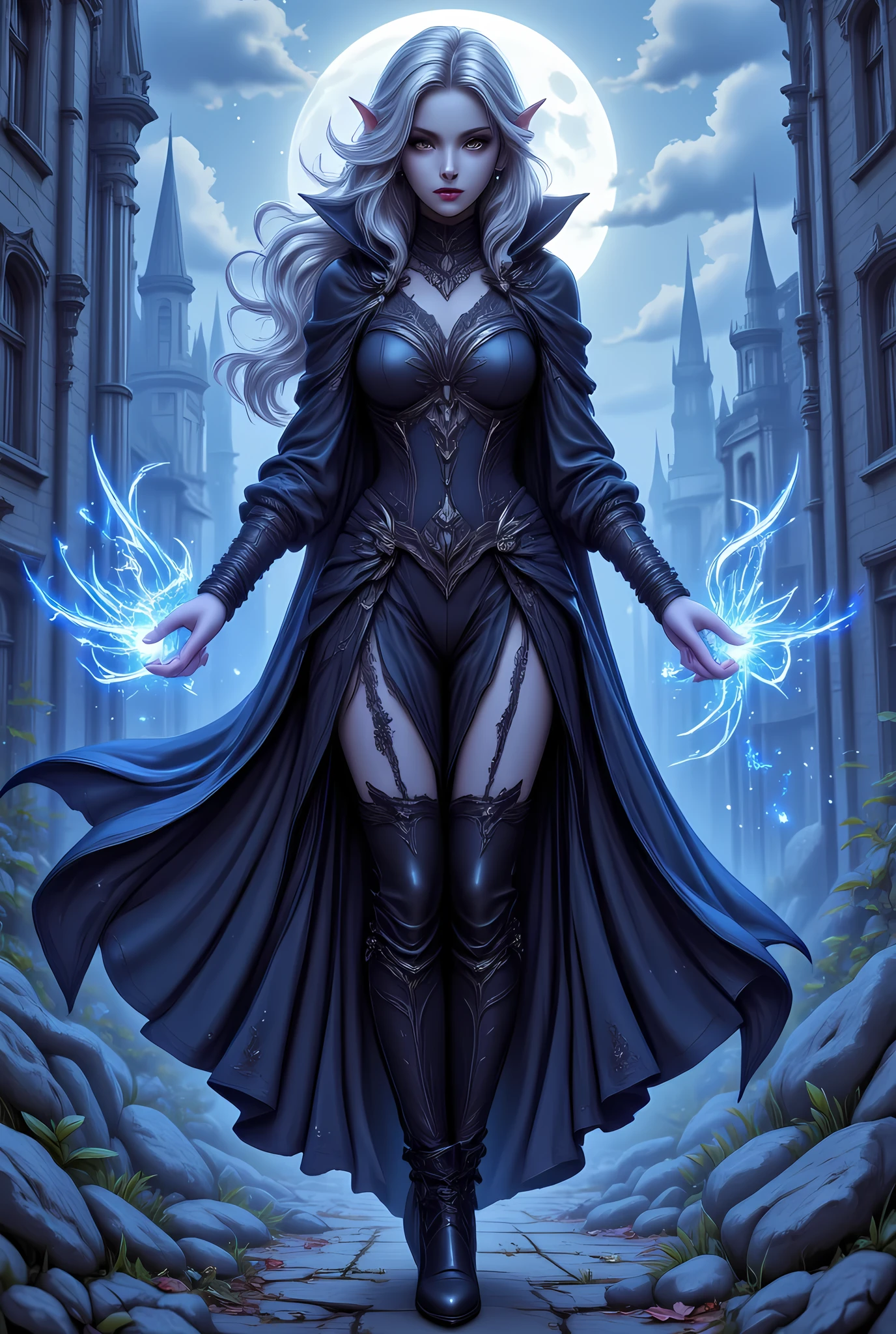 anime comic illustration fantasy art, gothic art, (masterpiece:1.5), full body best details, highly detailed, best quality, Glowing Red, highres, full body portrait of a vampire, elf (Masterpiece, best quality: 1.6), ultra feminine, wizard, (intricate details, Masterpiece, best quality: 1.5) with a long curvy hair, light color hair, red eyes, busty, ((beautiful delicate face)), Ultra Detailed Face (intricate details, fantasy art, Masterpiece, best quality: 1.5), ((vampiric fangs 1.5)) (blue cloak: 1.3) , flowing cloak (intricate details, fantasy art, Masterpiece, best quality: 1.3), wearing an intricate (black: 1.4) intricate leather dress (intricate details, fantasy art, Masterpiece, best quality: 1.5), high heeled boots, fantasy urban background (intense details, beat details), fantasy, at night light, natural ,moon light, clouds, gothic atmosphere, soft light, dynamic light, [[anatomically correct]], high details, best quality, 8k, [ultra detailed], masterpiece, best quality, (extremely detailed), dynamic angle, aidmanijiv6, hyp3rd3tail style