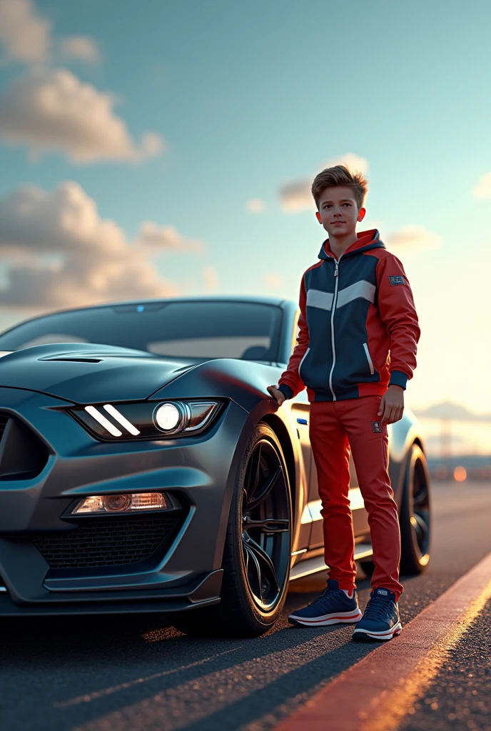 Create an image of a young boy standing confidently in front of a sleek, modern car. He is wearing a vibrant, eye-catching t-shirt with a divine or celestial design, featuring stars, planets, or other cosmic elements. The setting is outdoors, with a clear sky and soft, natural lighting that highlights both the boy's expression of pride and the car's polished exterior."