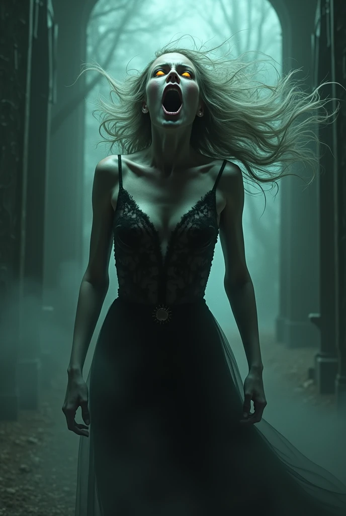 Blonde woman in flowing white nightgown running away from vampire
