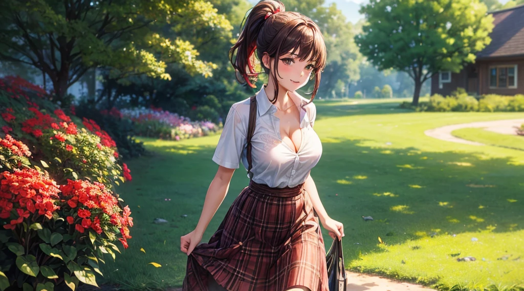 1girl, full body, summer, village, trees, sun, clouds, ((colorful hair)), long hair, curly hair, ponytail, large breasts, button down shirt, ((purple shirt)), ((unbuttoned shirt)), unbuttoning buttons, popping buttons, cleavage 1:3, brown eyes, ((red black skirt)), smile, looking at the viewer, touching neck, standng, hair ribbon, golden necklate