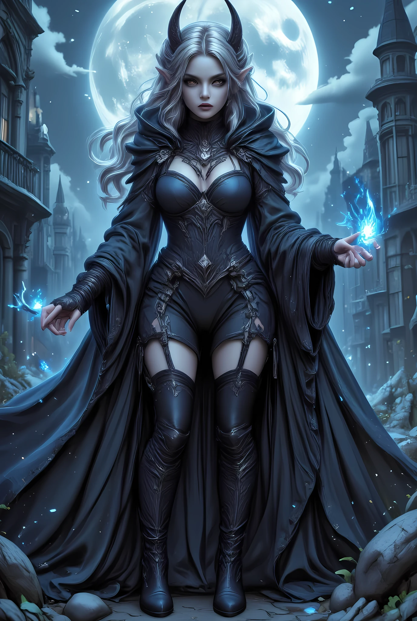 anime comic illustration fantasy art, gothic art, (masterpiece:1.5), full body best details, highly detailed, best quality, Glowing Red, highres, full body portrait of a vampire, elf (Masterpiece, best quality: 1.6), ultra feminine, wizard, (intricate details, Masterpiece, best quality: 1.5) with a long curvy hair, light color hair, red eyes, busty, ((beautiful delicate face)), Ultra Detailed Face (intricate details, fantasy art, Masterpiece, best quality: 1.5), ((vampiric fangs 1.5)) (blue cloak: 1.3) , flowing cloak (intricate details, fantasy art, Masterpiece, best quality: 1.3), wearing an intricate (black: 1.4) intricate leather dress (intricate details, fantasy art, Masterpiece, best quality: 1.5), high heeled boots, fantasy urban background (intense details, beat details), fantasy, at night light, natural ,moon light, clouds, gothic atmosphere, soft light, dynamic light, [[anatomically correct]], high details, best quality, 8k, [ultra detailed], masterpiece, best quality, (extremely detailed), dynamic angle, aidmanijiv6, hyp3rd3tail style