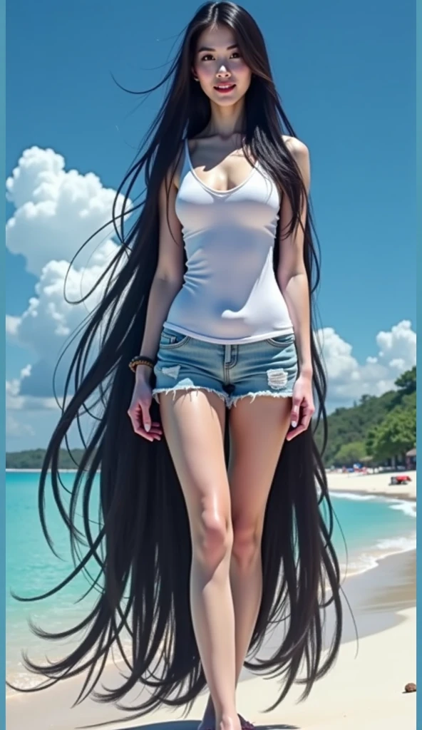 Best quality, realyst photograffy, foto crua, only a brunette woman photo from the back, using long and black hair on the back, short woman using white legging in beach landscape, coxas e quadris extremamente arredondados