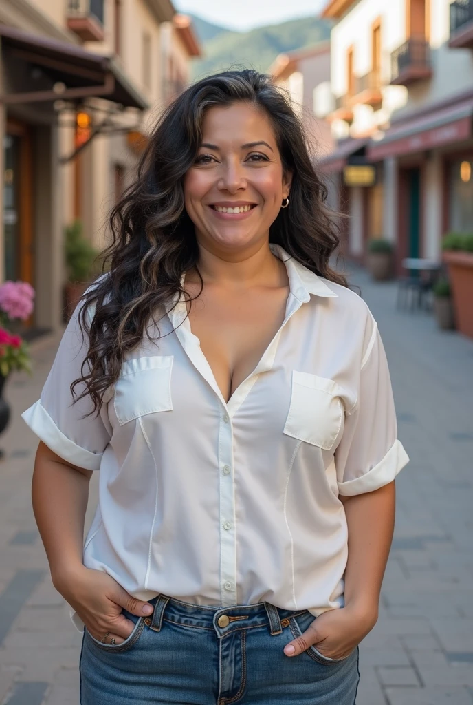 smiling woman with long black hair and earrings in front of a building, this person does not exist, latina, no facial features, mixed race woman, 30 year old woman, corpo curto, round-cropped, long and stocky, very busty, thick, no-makeup, simple feature, fatter, sobrepeso, chubby face, double chin, wearing a pink shirt and jeans, Broad Hips, thick-thighs, braços curtos e thicks, Short legs, alanis guillen-laura barriales-liana-kourtney kardashian-stephanie beatriz-lindsey shaw-luciana carro-janina gavankar-jami gertz-daniella alonso-shannon elizabeth-genevieve padalecki-kay canhão-melissa rycroft-cacee cobb mesclado, full body visible, all-body, hyper realist, best quality, 8K, real human skin, artwork, extremely complex, detailedeyes, face detailed, body detailed, exaggerated features, Pronounced features, Fujifilm