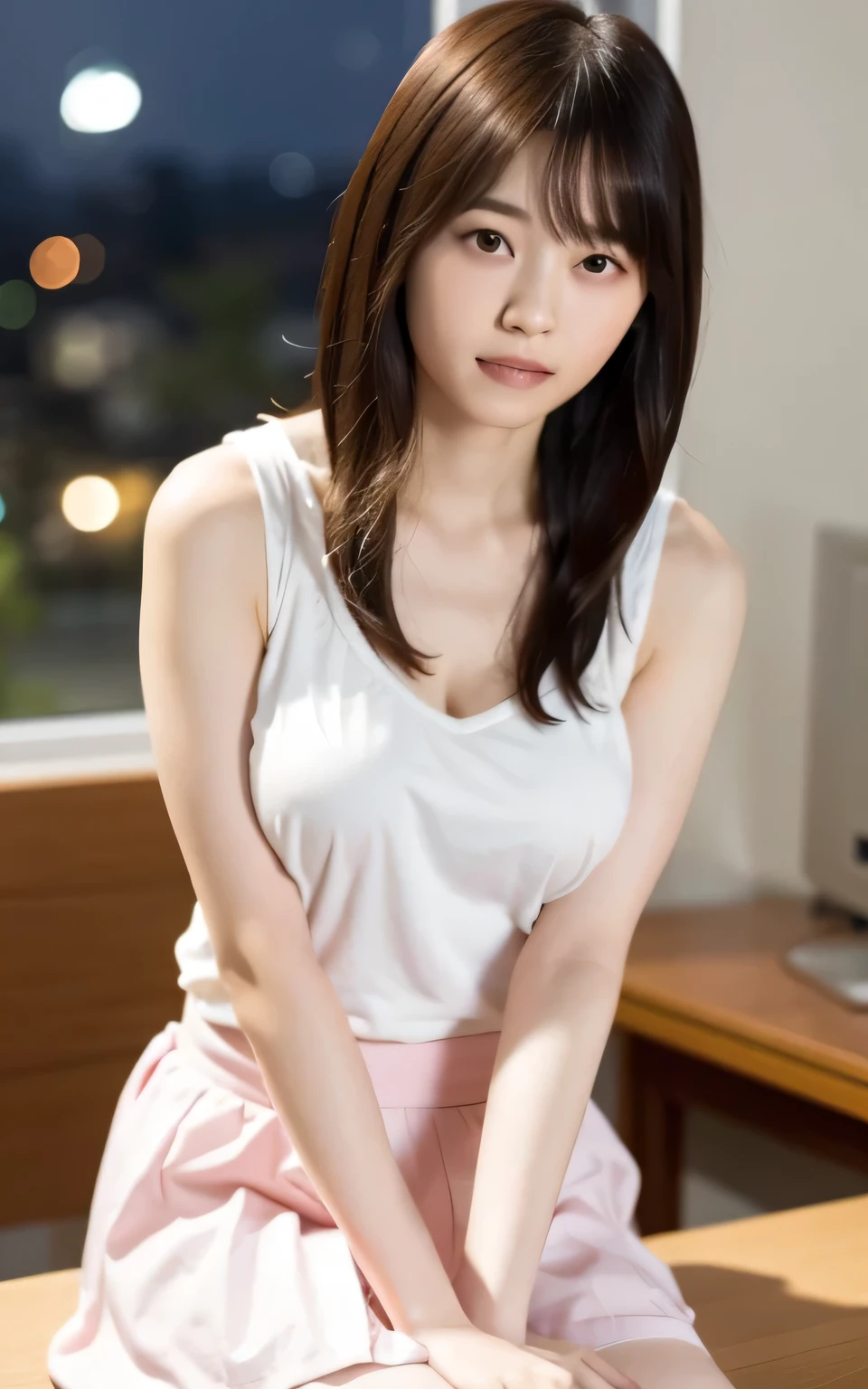 table top, top quality, 16k, 1 girl, RAW photo, pro pics, portrait, Soft light, professional lighting, alone, 笑face, close, face, close, cute, girly , goddess, insanely cute、pure beauty, white skin、smooth skin、DSLR Camera, looks away, frank, refined, film grain, (eye and face details:1.0), long hair swaying in the wind, bungs , (white tight tank top that fits snugly)、(pink pleated skirt)、(Big Breasts:1.5)、Obbai's deep cleavage、white whoops、saggy、cute hanging eyes、Midnight Office、 he's sitting on a chair in front of his computer 、plump thighs、smooth thighs、the best smile