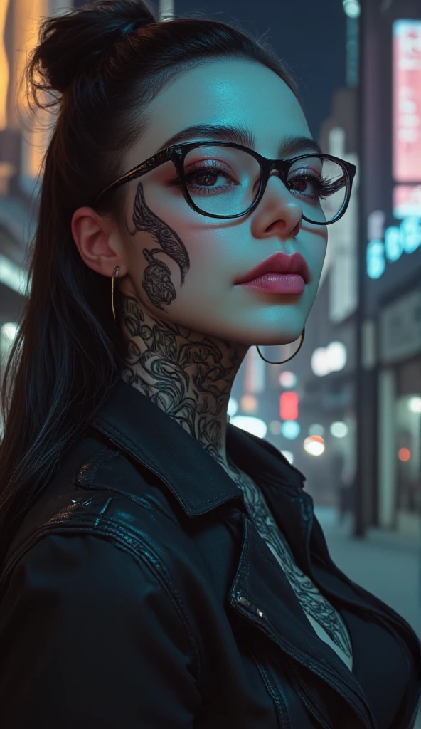 A stunning high quality photo of a close-up of a beautiful and gorgeous woman's face, prominently featuring her large, round sunglasses. The lenses of the sunglasses reflect a vibrant cityscape at night, illuminated by neon lights. The woman has a reddish-brown hair and her skin is adorned with intricate tattoos. The tattoos seem to be inspired by tribal or ancient designs. The background suggests a futuristic city with tall skyscrapers, and the sky is painted in hues of blue and purple, hinting at either dawn or dusk.