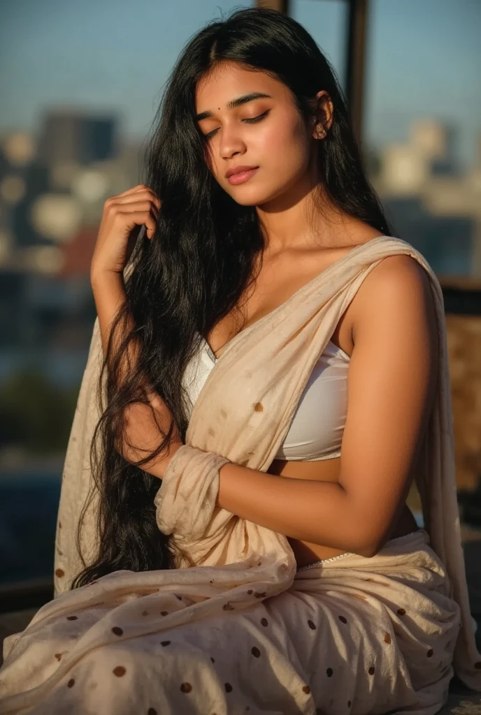 beautiful 30yo woman wearing saree <lora:OnlySaree_V2:0.6> <lora:ReaLora:0.6> beautiful background, indian temple in background, long braided hair, sunset, sunflairs, belly button piercing,