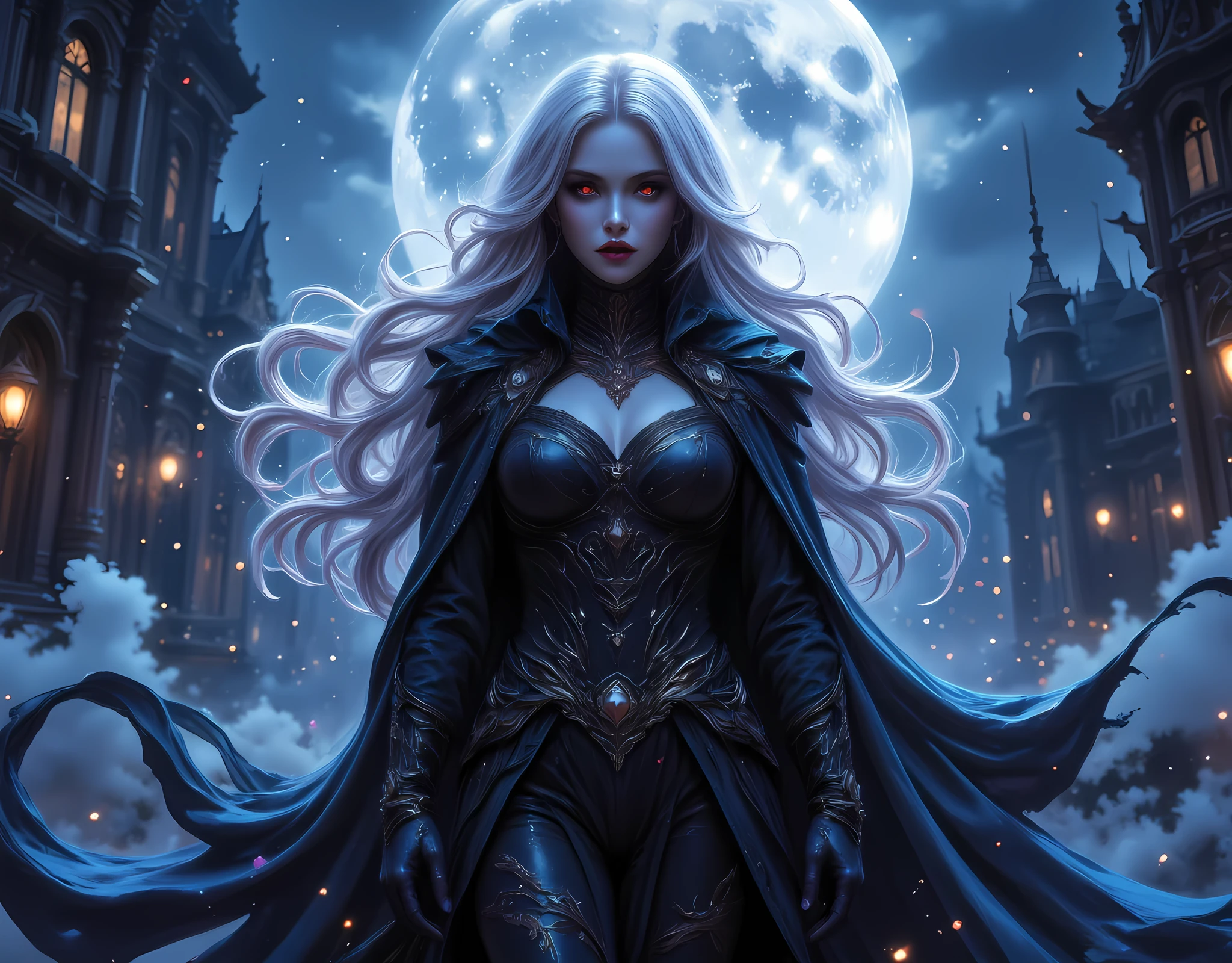 anime comic illustration fantasy art, gothic art, (masterpiece:1.5), full body best details, highly detailed, best quality, Glowing Red, highres, full body portrait of a female vampire (Masterpiece, best quality: 1.6), ultra feminine, wizard, (intricate details, Masterpiece, best quality: 1.5) with a long curvy hair, light color hair, red eyes, busty, ((beautiful delicate face)), Ultra Detailed Face (intricate details, fantasy art, Masterpiece, best quality: 1.5), ((vampiric fangs 1.5)) (blue cloak: 1.3) , flowing cloak (intricate details, fantasy art, Masterpiece, best quality: 1.3), wearing an intricate (black: 1.4) intricate leather dress (intricate details, fantasy art, Masterpiece, best quality: 1.5), high heeled boots, fantasy urban background (intense details, beat details), fantasy, at night light, natural ,moon light, clouds, gothic atmosphere, soft light, dynamic light, [[anatomically correct]], high details, best quality, 8k, [ultra detailed], masterpiece, best quality, (extremely detailed), dynamic angle, aidmanijiv6, hyp3rd3tail style, Magic style
