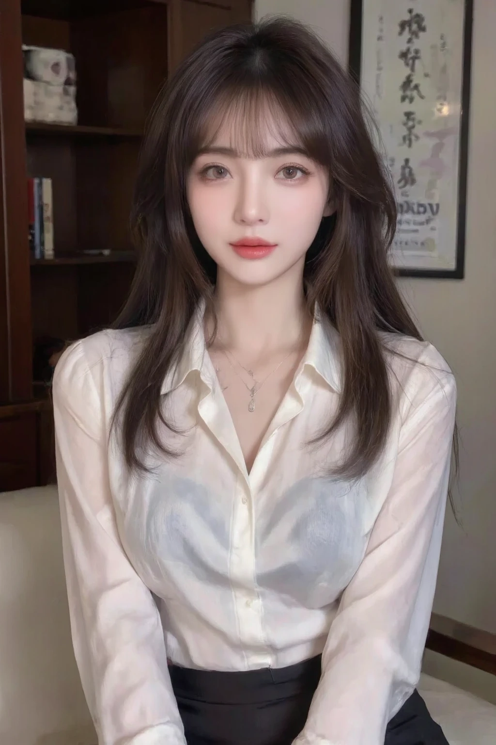 (best quality, high resolution, masterpiece :1.3), tall and pretty girl, slim abs, Dark brown hair wavy style, chest, wearing pendants, white button-up shirt, belt, black skirt, (modern architecture on background), Delicately expressed details, face, Including skin texture, detailed eyes, double eyelid, sexy legs