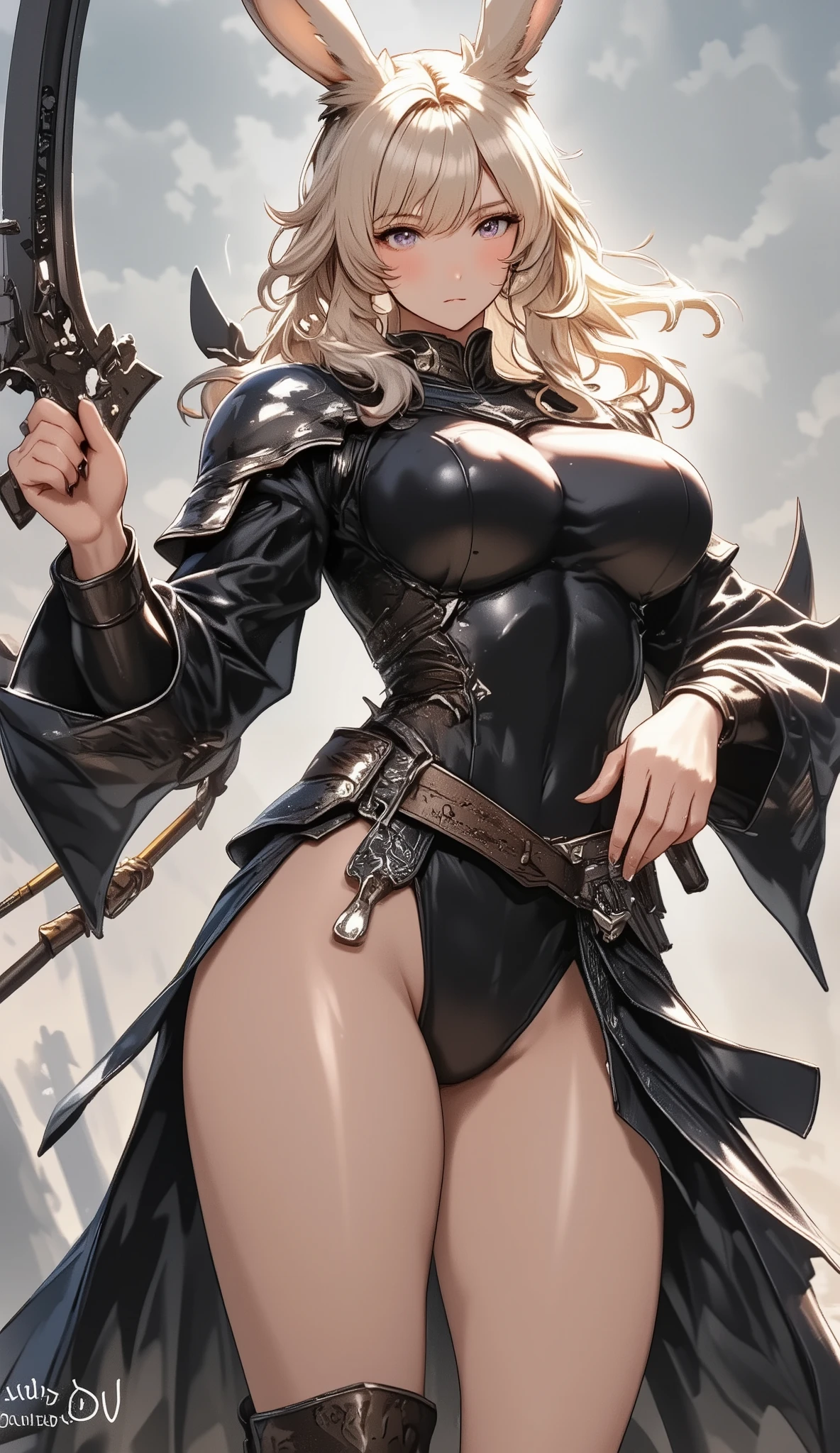 True Face、Holding the sword with both hands、Blonde、Black Cape、Big red crotch tattoo、Black metallic string bikini、(Huge breasts:1.5)、Underboob、Sideboob、garter belt、Camel toe、Thick thighs、Wide Hips、curve、Golden Gauntlet、Gold Long Boots、NSFW、Revealing outfit
