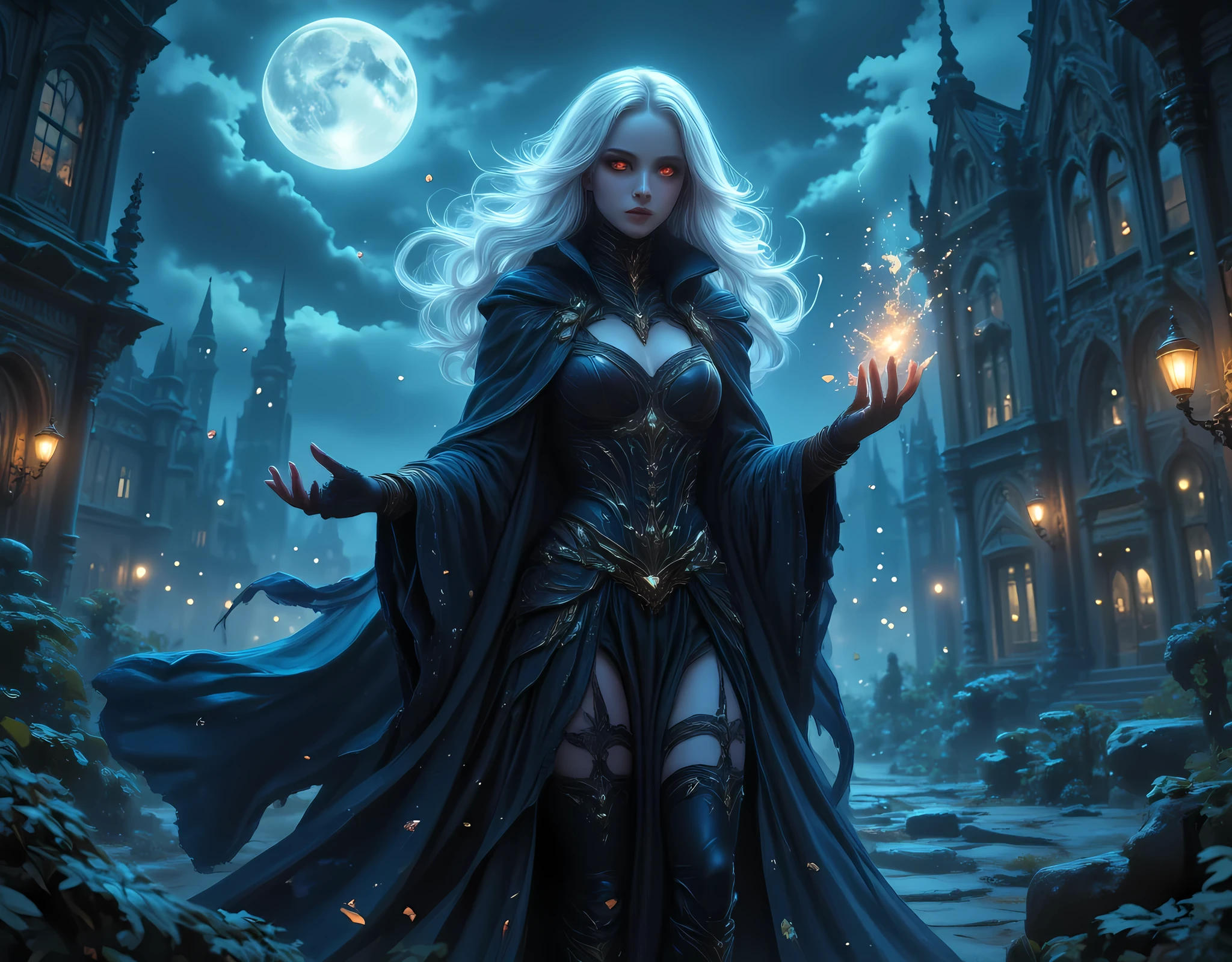 anime comic illustration fantasy art, gothic art, (masterpiece:1.5), full body best details, highly detailed, best quality, Glowing Red, highres, full body portrait of a female vampire (Masterpiece, best quality: 1.6), ultra feminine, wizard, (intricate details, Masterpiece, best quality: 1.5) with a long curvy hair, light color hair, red eyes, busty, ((beautiful delicate face)), Ultra Detailed Face (intricate details, fantasy art, Masterpiece, best quality: 1.5), ((vampiric fangs 1.5)) (blue cloak: 1.3) , flowing cloak (intricate details, fantasy art, Masterpiece, best quality: 1.3), wearing an intricate (black: 1.4) intricate leather dress (intricate details, fantasy art, Masterpiece, best quality: 1.5), high heeled boots, fantasy urban background (intense details, beat details), fantasy, at night light, natural ,moon light, clouds, gothic atmosphere, soft light, dynamic light, [[anatomically correct]], high details, best quality, 8k, [ultra detailed], masterpiece, best quality, (extremely detailed), dynamic angle, aidmanijiv6, hyp3rd3tail style, Magic style