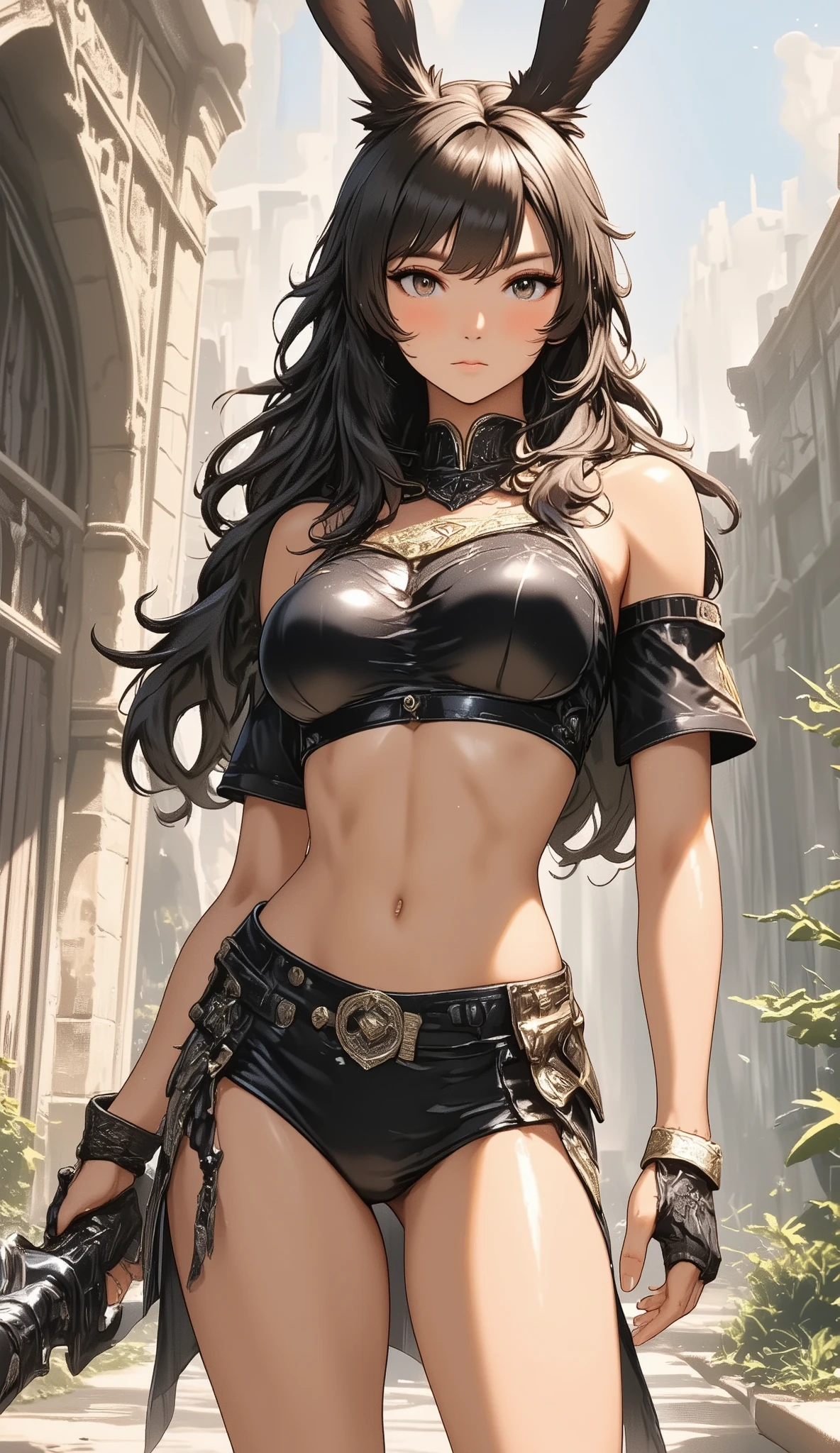 (((( masterpiece)))), (((( top quality)))), High Resolution,fine grain, detailed face, face with his crotch in great detail, detail eyes 、detailed face、 detailed hair 、 Sparkling Skin 、sweat、viera, Athletes , Skin-tight uniform , ((((well-defined breasts, )))),A depiction, tight shorts 、 action, Bouncing Breasts , full body shot ,