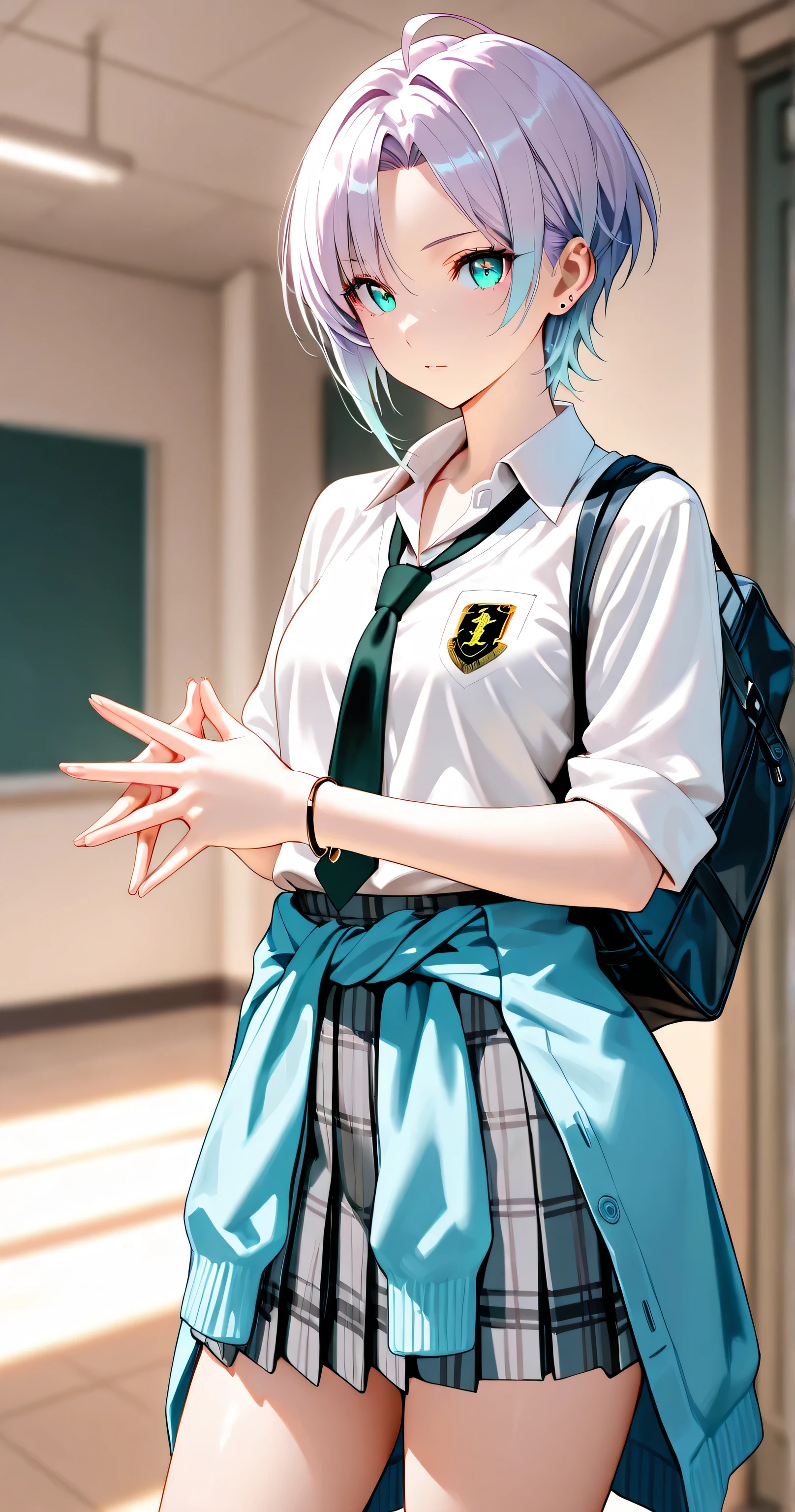insanely detailed,
sharp focus on eyes and facial details, stunning clarity, sharp focus(1.5),
Well-defined facial features,
She is beautiful.
She is standing.
holding,
t_asakura, ahoge, gradient hair, light purple hair, multicolored hair, parted bangs(1.3), aqua eyes, short choppy pixie cut, delicate strands, silky smooth,
no white strands styled,
sharp focus on eyes and facial details, stunning clarity,
beautiful eyes, detailed eyes, detailed irises, gentle shading,
She is balanced proportions, and beautiful with her shapely figure.
Beautiful breasts, small breasts, slender,
She wearing a school uniform.
school uniform, shirt, white shirt, bracelet, cardigan, (deep-skyblue cardigan around waist), clothes around waist, jewelry, bag, school bag, ear piercing, (black loose necktie), gray plaid skirt,
Clear Skin, Alluring mystique,
Indoors, The atmosphere is high-end and polished, ideal for a foreign movie or fashion magazine shoot., blurry background, No stuffed animals or toys, simple luxury background, minimalistic luxury setting,
soft ambient lighting,
masterpiece, best quality, ultra-detailed, 8k resolution,
Crisp details, vibrant details,
sharp focus,
1girl, solo, perfect anatomy, correct generation of hands, 4fingers and 1thumbs, visible hands in a natural pose, both hands clearly visible, nice hands, perfect hand.
2D anime style(1.3),
face shot, front view, looking at viewer,
highly detailed face, slender body, flawless skin.