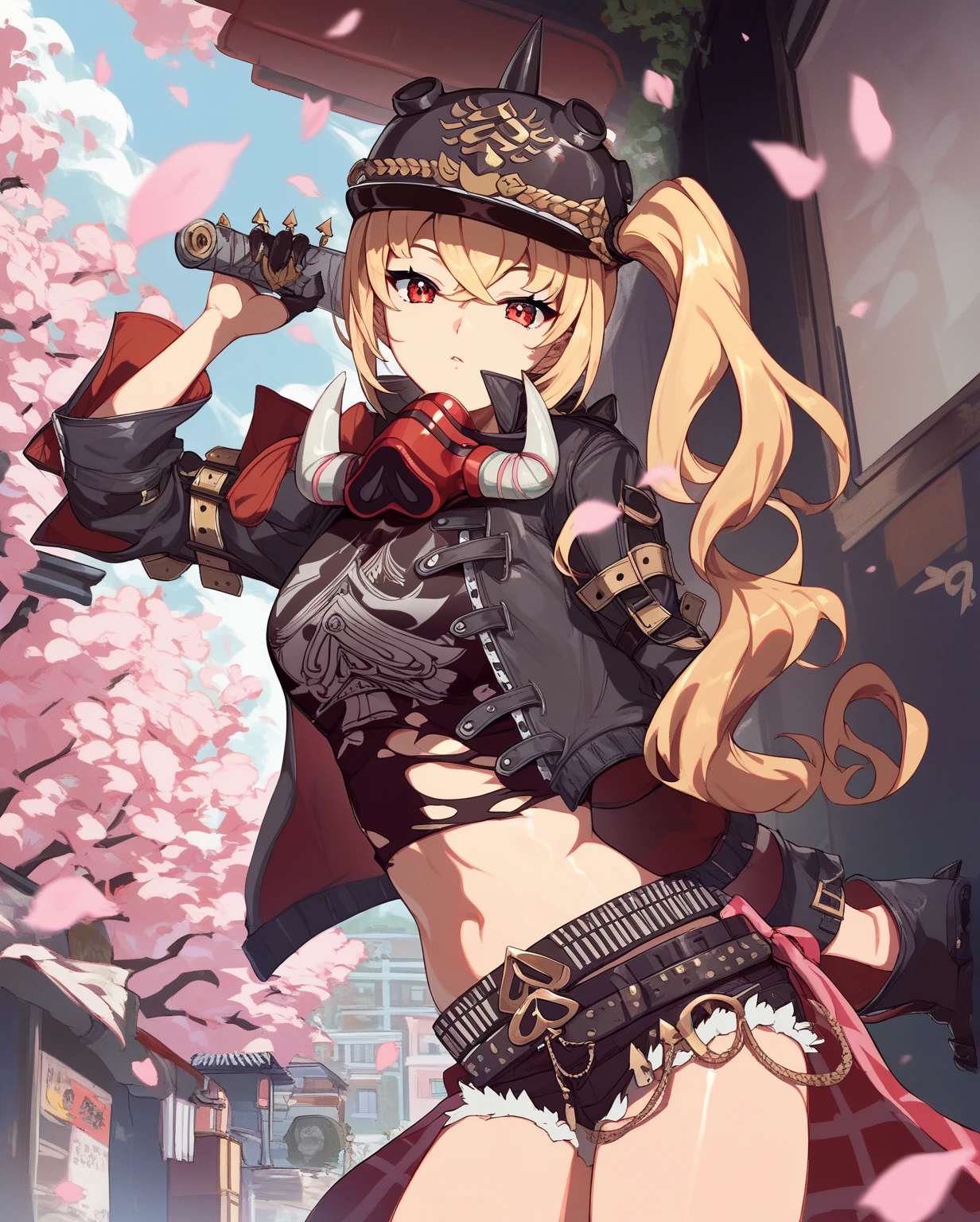 score_9, score_8_up, score_7_up, score_6_up, score_5_up, score_4_up, BREAK source_anime, 1girl, solo, outdoors, street, cherry blossom, cowboy shot, looking at viewer, lucy, red eyes, blonde hair, side ponytail, motocycle helmet, black jacket, long sleeves, open jacket, mask around neck, half gloves, black shirt, crop top, midriff, black shorts, denim shorts, high heels boots, knee boots, torn shirt