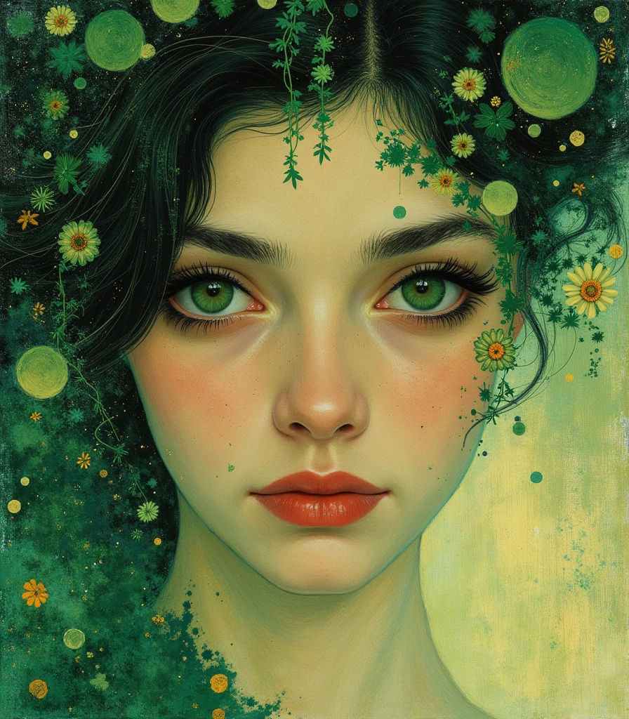 dr34ml4nd a woman's face with green eyes and a green background.  her eyes looking directly at the viewer and her lips slightly parted.
