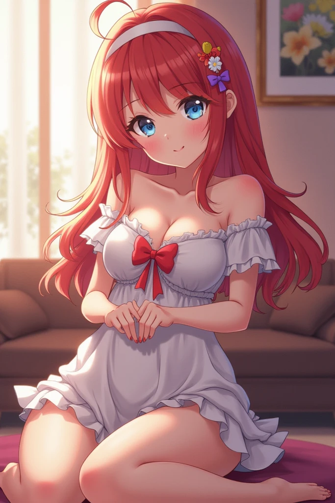 Character: A beautiful anime girl with long, flowing red hair:1.8, softly cascading over her shoulders, large, innocent blue eyes:2.0, filled with a gentle and curious expression, smooth, flawless porcelain-like skin:1.7, with a soft, natural glow, an hourglass figure:1.8, with a narrow waist, wide hips, and a modestly covered chest.
Outfit: She is dressed in a delicate, light-colored nightgown:1.7, that lightly drapes over her curves, with soft lace detailing, and simple, comfortable panties underneath, her attire is modest yet feminine, emphasizing her gentle nature rather than being revealing.
Pose and Expression: She is sitting on the edge of a bed in a cozy bedroom, her posture relaxed and natural, with her hands gently resting on her lap, her expression is one of mild surprise, but with a sweet and innocent smile, her eyes are wide and curious, with no hint of suggestiveness, ensuring that her fingers are not the focal point.
Environment: The setting is a warm, softly lit bedroom, with soft ambient lighting:1.7 from a bedside lamp, casting gentle, warm light across the room, the bed is covered with cozy, pastel-colored sheets, and the room is decorated with simple, delicate touches like a small vase of flowers on the nightstand and a plush teddy bear beside her, the overall atmosphere is one of warmth, comfort, and innocence.
Additional Details: Vivid colors bring her red hair and blue eyes to life, with intricate detailing on the texture of her nightgown and the soft sheets beneath her, her skin is smooth and flawlessly animated, with subtle shading to emphasize her natural beauty, the lighting is carefully balanced to create a soft, serene look, enhancing the overall innocent and gentle anime aesthetic."
