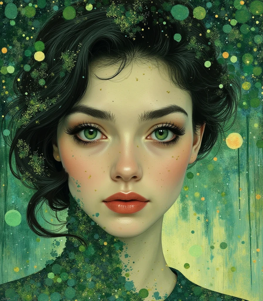 dr34ml4nd a woman's face with green eyes and a green background.  her eyes looking directly at the viewer and her lips slightly parted.
