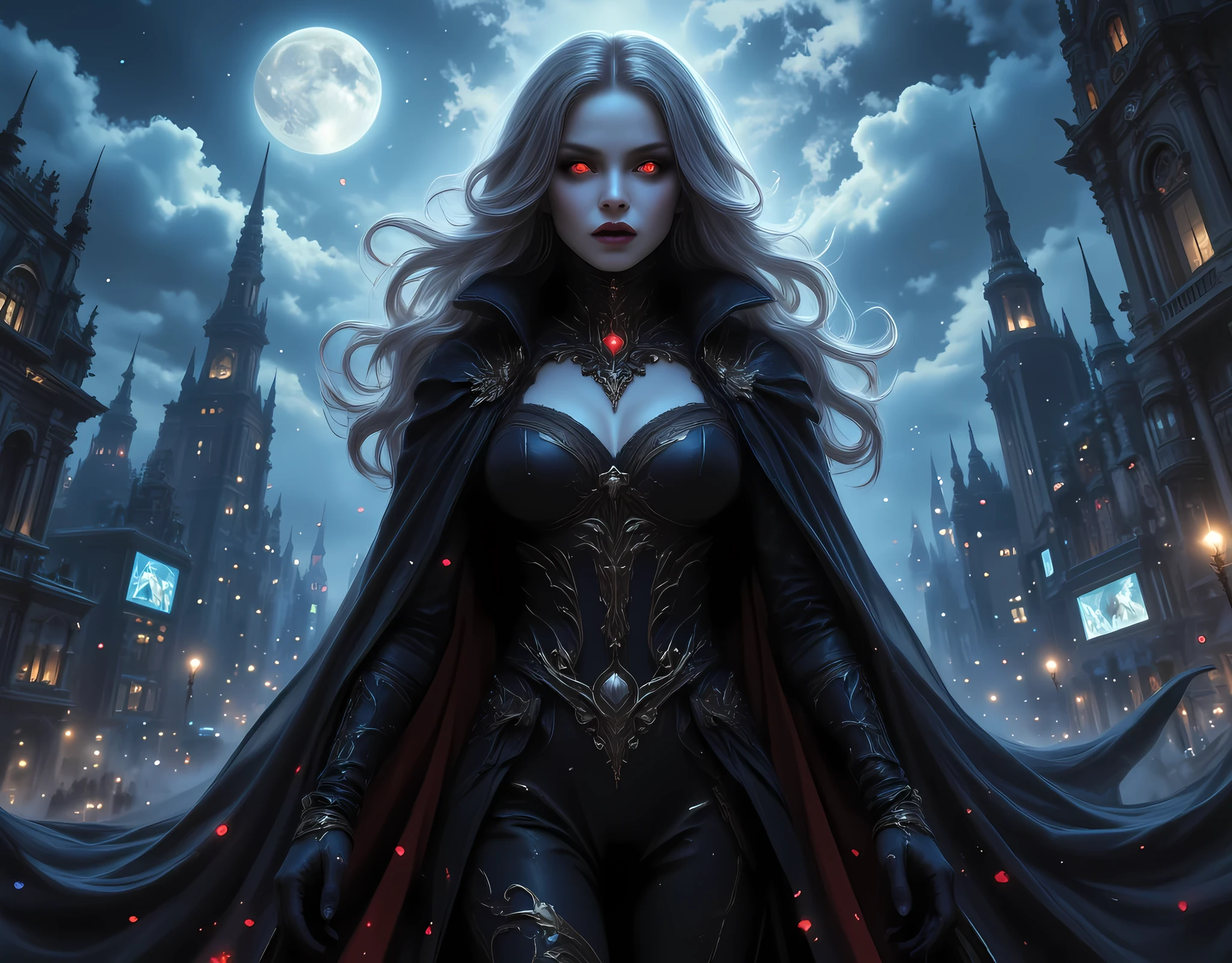 anime comic illustration fantasy art, gothic art, (masterpiece:1.5), full body best details, highly detailed, best quality, Glowing Red, highres, full body portrait of a female vampire (Masterpiece, best quality: 1.6), ultra feminine, wizard, with a long curvy hair, red hair, red eyes, busty, ((beautiful delicate face)), Ultra Detailed Face (intricate details, fantasy art, Masterpiece, best quality: 1.5), vampiric fangs, blue cloak, flowing cloak (intricate details, fantasy art, Masterpiece, best quality: 1.3), wearing an intricate (black: 1.4) intricate white  leather dress (intricate details, fantasy art, Masterpiece, best quality: 1.5), high heeled boots, fantasy urban background (intense details, beat details), fantasy, at night light, natural ,moon light, clouds, gothic atmosphere, soft light, dynamic light, [[anatomically correct]], high details, best quality, 8k, [ultra detailed], masterpiece, best quality, (extremely detailed), dynamic angle, aidmanijiv6, hyp3rd3tail style, Magic style