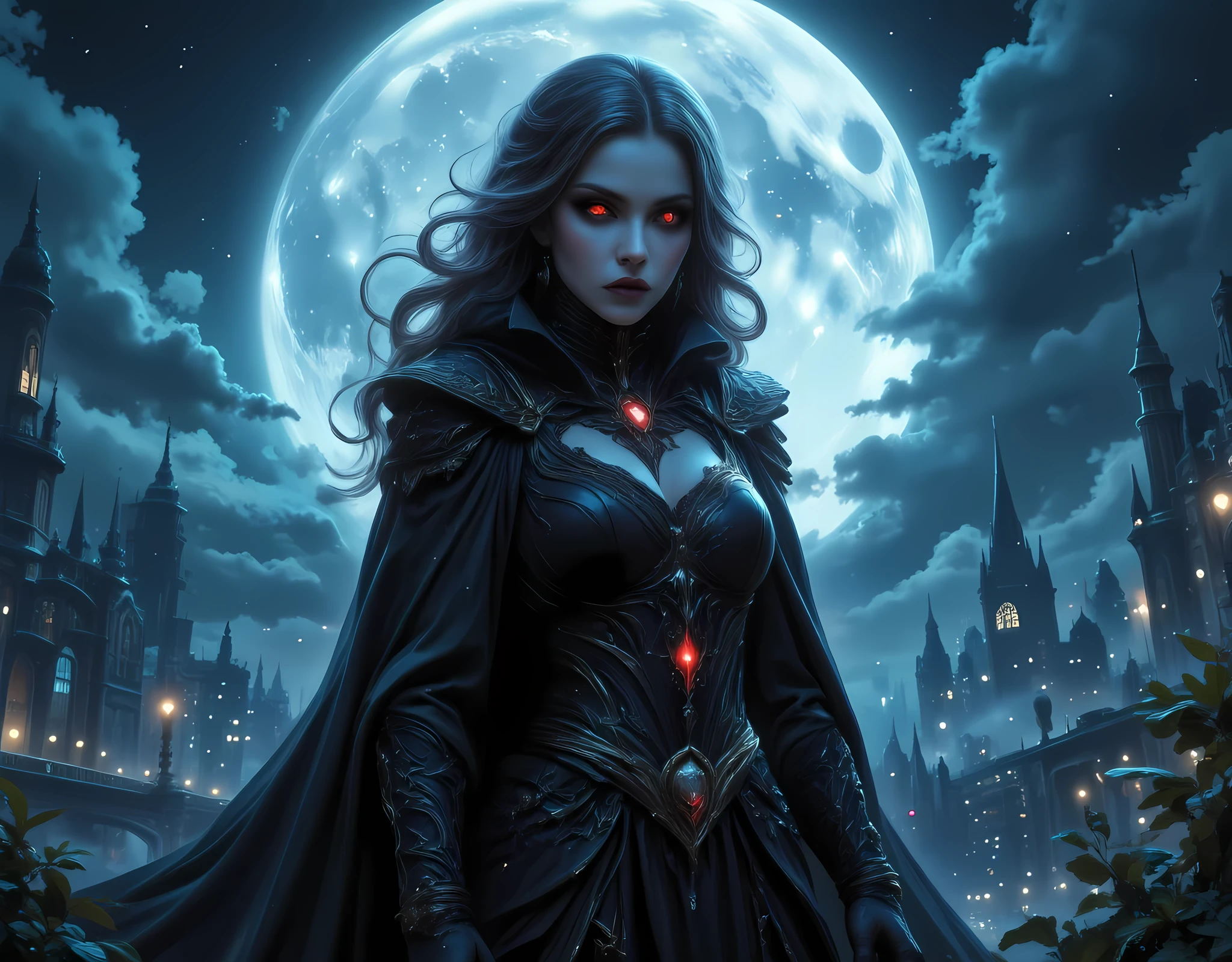anime comic illustration fantasy art, gothic art, (masterpiece:1.5), full body best details, highly detailed, best quality, Glowing Red, highres, full body portrait of a female vampire (Masterpiece, best quality: 1.6), ultra feminine, wizard, with a long curvy hair, red hair, red eyes, busty, ((beautiful delicate face)), Ultra Detailed Face (intricate details, fantasy art, Masterpiece, best quality: 1.5), vampiric fangs, blue cloak, flowing cloak (intricate details, fantasy art, Masterpiece, best quality: 1.3), wearing an intricate (black: 1.4) intricate white  leather dress (intricate details, fantasy art, Masterpiece, best quality: 1.5), high heeled boots, fantasy urban background (intense details, beat details), fantasy, at night light, natural ,moon light, clouds, gothic atmosphere, soft light, dynamic light, [[anatomically correct]], high details, best quality, 8k, [ultra detailed], masterpiece, best quality, (extremely detailed), dynamic angle, aidmanijiv6, hyp3rd3tail style, Magic style