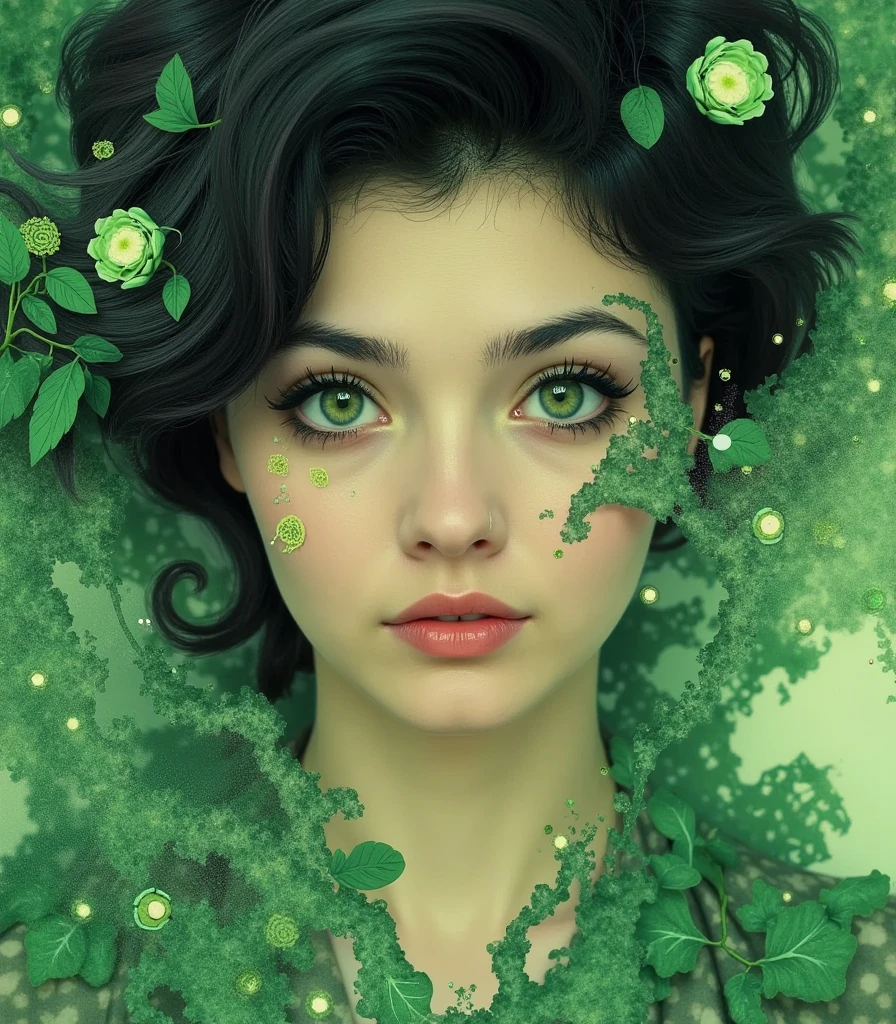 dr34ml4nd a woman's face with green eyes and a green background.  her eyes looking directly at the viewer and her lips slightly parted.
