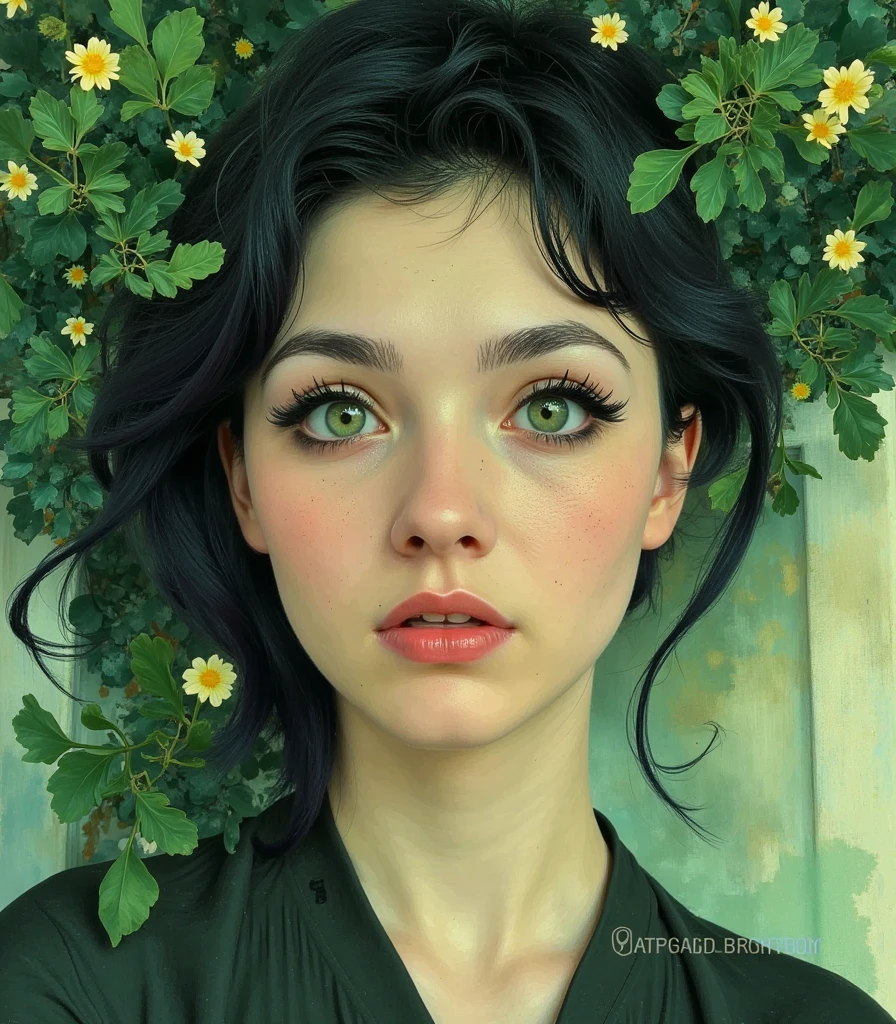 dr34ml4nd a woman's face with green eyes and a green background.  her eyes looking directly at the viewer and her lips slightly parted.
