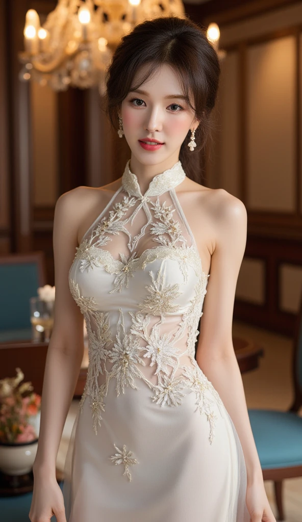 8k, masterpiece, RAW Photos, highest quality, Realistic, Extremely detailed CG unifies 8k wallpapers, Depth of written boundary, Cinematic Light, Lens flare, Ray Tracing, (Very beautiful face, Beautiful Lips, Beautiful Eyes), Exquisitely detailed face, ((Highly detailed skin)) One girl, In the Dark, Deep Shadow, Cute Korean Girl, K-Pop Idols, 1 girl, (Very slim and slender muscular body:1.3), ((Displaying the viewer)),(Big smile:1.3), (Fashion Night, Dark Night, (Neon Signs), (Blurred Background), Fashion Street Night),(There is no one in the background:1.3), Beautiful earrings, Bangles, necklace, pantyhose, Clear Eyes, walking, (Pale skin), (Big eyes), Look forward, (Brown Hair), (Full Body Shot), ((silk hot white dress:1.3)), ((Wear tight)), ((Lace dress)), (Displaying the viewer:1.3) Open chest, Very slim, Medium chest, Turn back, (Buckshot), Ass Focus, In front of eyebrows,(Tight Dress), Thick thighs
