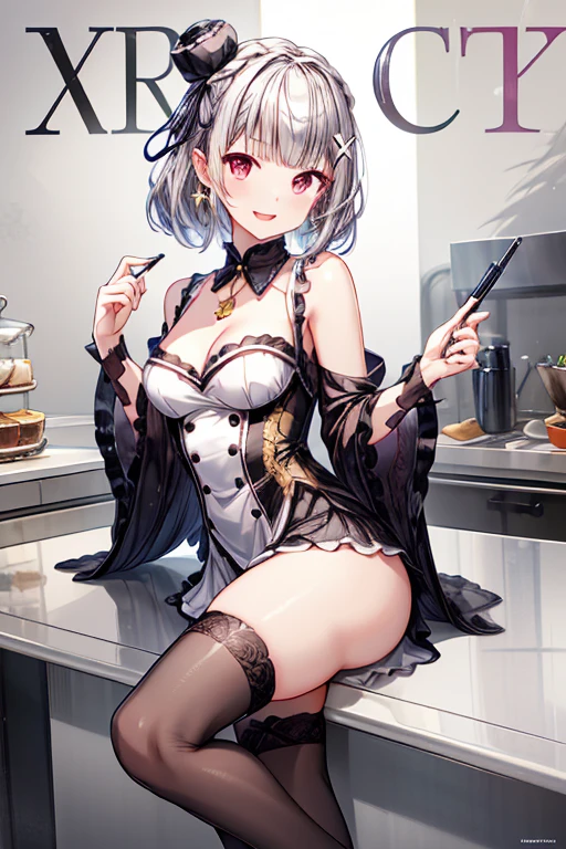 1girl, arm up, armpits, ass visible through thighs, bangs, bare shoulders, blush, cross, cross necklace, dishwasher1910, elbow gloves, gloves, grey hair, jewelry, kneeling, gigantic breasts, long hair, looking at viewer, mole on breast, mole under eye, necklace, parted lips, red eyes, see-through, solo, thighhighs, weapon, white gloves, white thighhighs --auto