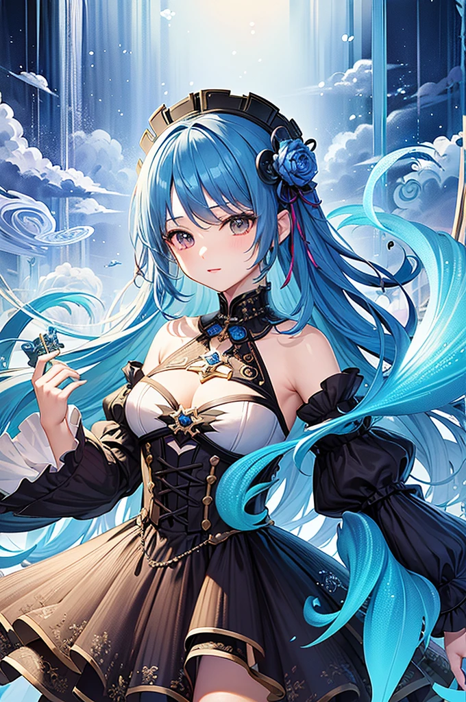 (masterpiece:1.2), best quality, high resolution, unity 8k wallpaper, (illustration:0.8), (beautiful detailed face:1.2, beautiful detailed eyes:1.2), perfect lighting, extremely detailed CG, (perfect hands, perfect anatomy),
aqua_a, long hair, blue hair, hair rings, blue eyes, hair ornament, choker, bare shoulders, green bow, blue shirt, detached sleeves, blue skirt, thighhighs,