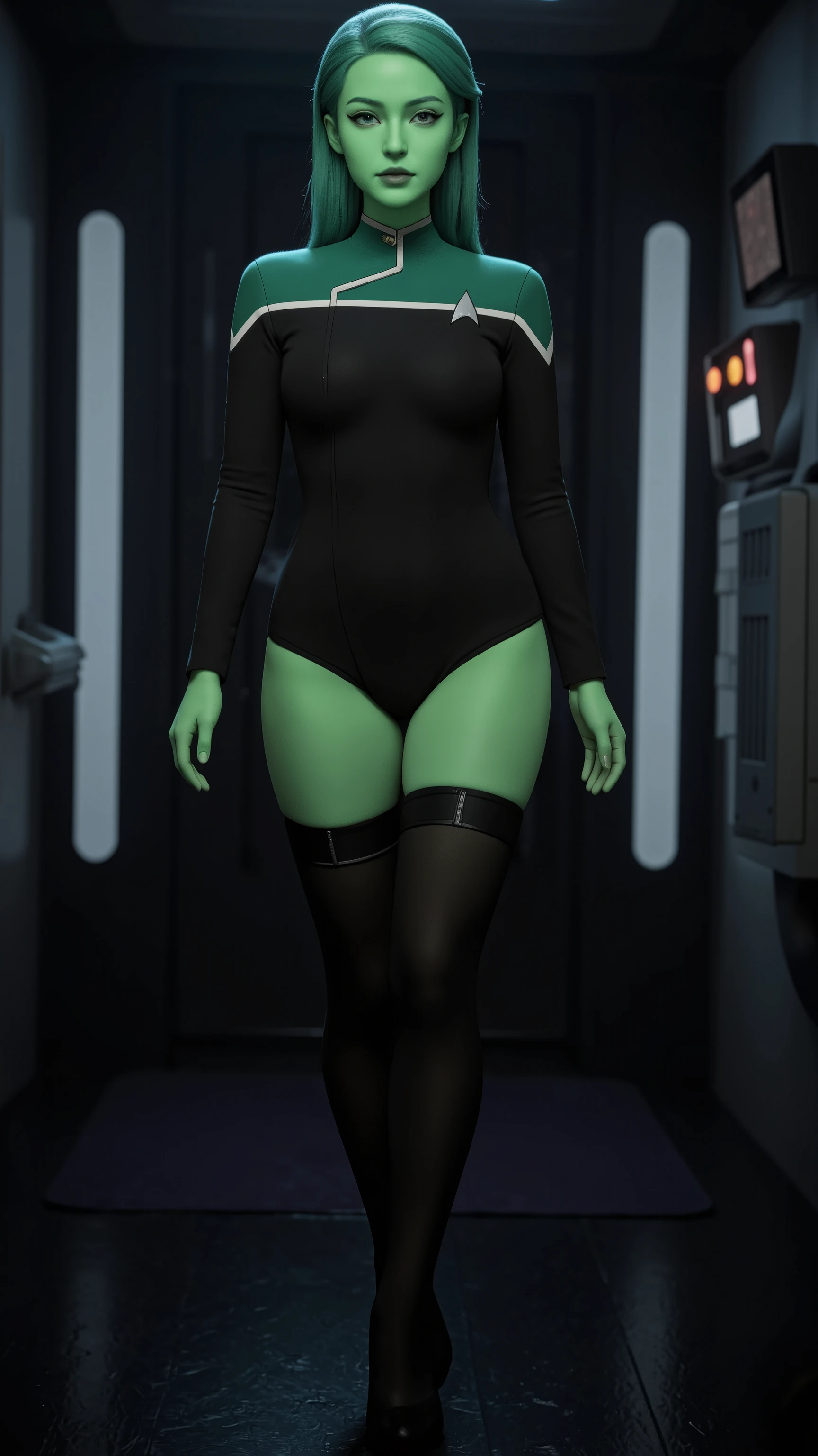D’vana Tendi in real life, Photo, seductive pose, sexy startrek uniform, stockings. Not a cartoon.