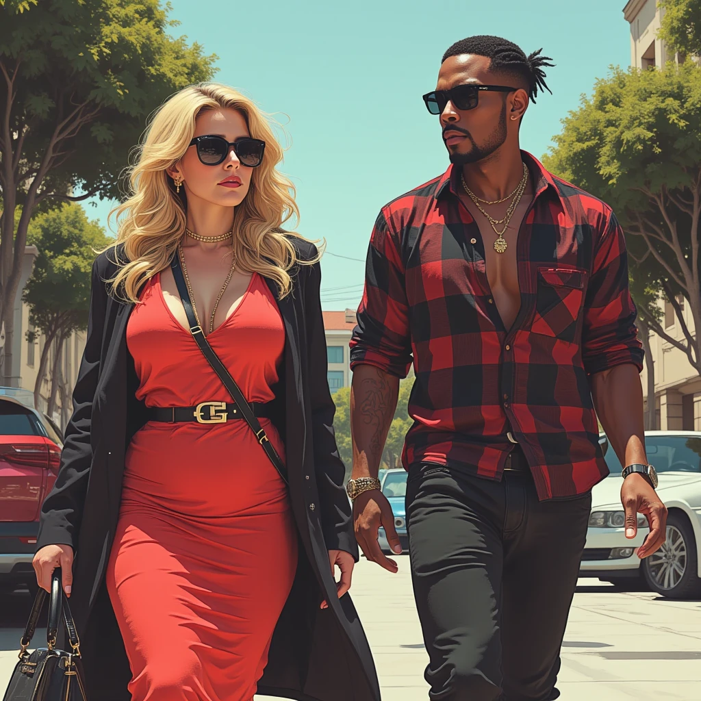 Middle aged mom, (38 years old, blonde, sexy, frowning,)  standing next to a menacing Arab teenage thug