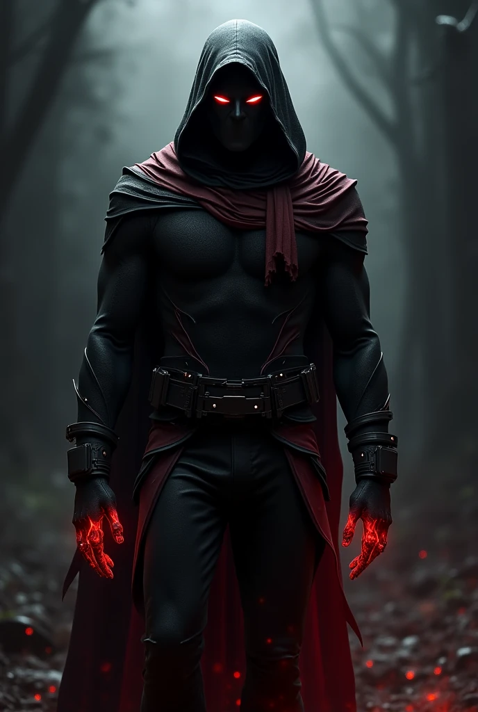 black hair, Red eyes, Long hood, Dark background, Forest in the background, horror, necromancer, masterpiece, a high resolution, Realistic anatomy, Cursed Power, Scary atmosphere,