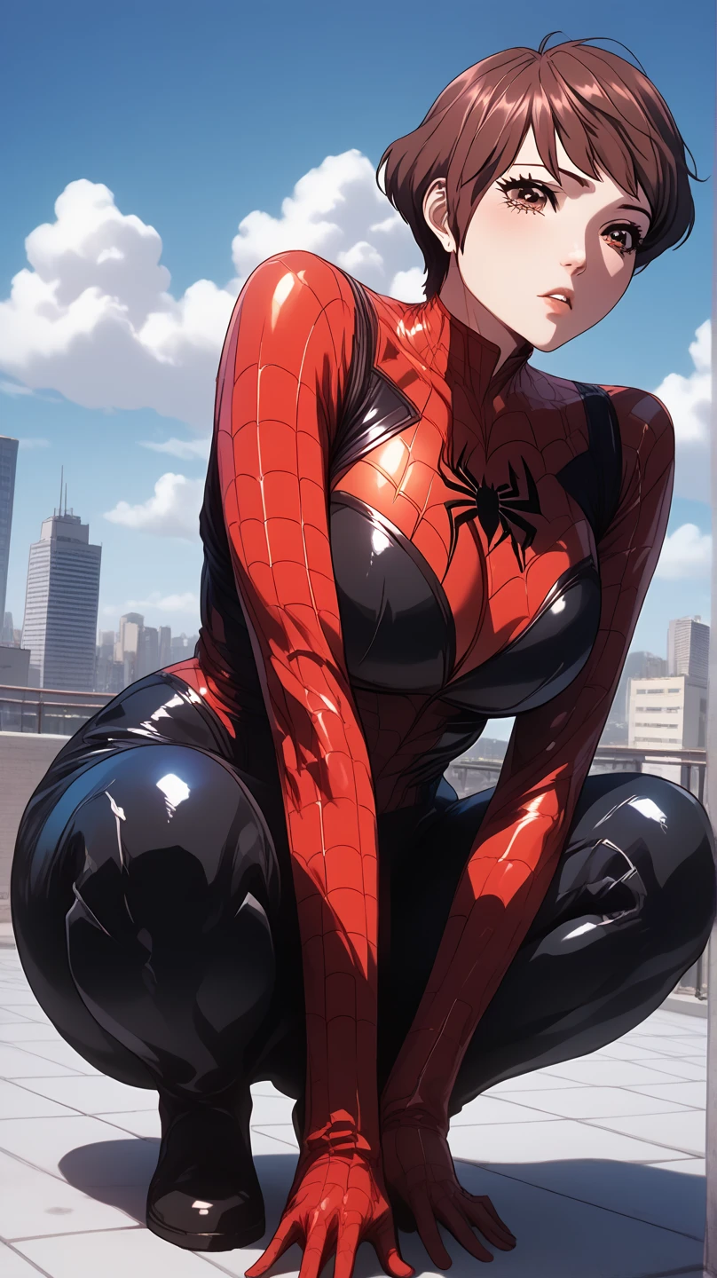 Generate a photorealistic masterpiece featuring a woman in a red and black Spider-Man suit with white streaks. She's unmasked with a pretty ginger face, korean face and body, freckles, thin waist, slender figure, small breast, squatting position, posing like spider-man crouch, sitting on the gargoyle on tallest skyscraper, city rooftop background, rooftop, overlooking the city, The wind blows, her red hair flowing elegantly, fingers spread, breast cleavage exposed in the skin-tight suit, small breast, Ensure intricate details, realistic human anatomy, doing skirtlift