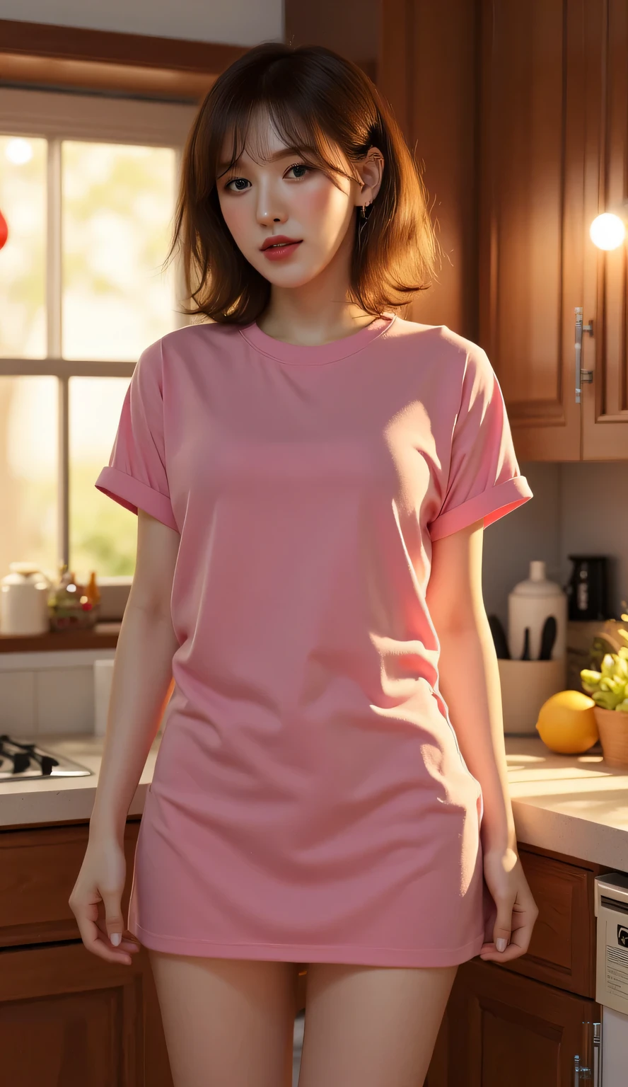 A beautiful woman, standing in the kitchen,  front facing, use a long pink oversize t-shirt, big boobs,  slim waist, red lips,