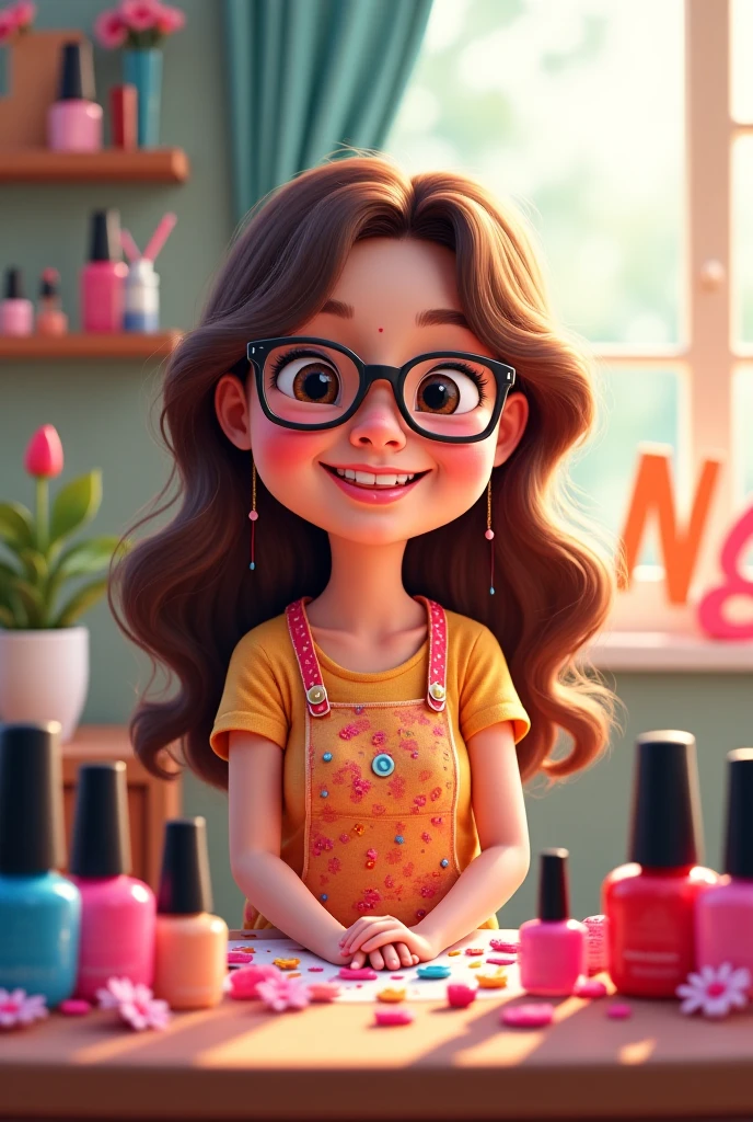 Estilo Pixar: uma mulher adulta, morena, bronzeada, de cabelos pretos curtos enrolados, bespectacled, 3D,Disney