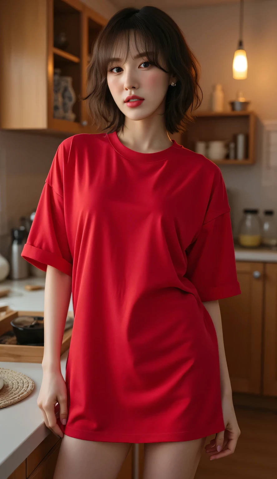 A beautiful woman, standing in the kitchen, front facing, using a red oversize t-shirt, big boobs, slim waist, red lips,