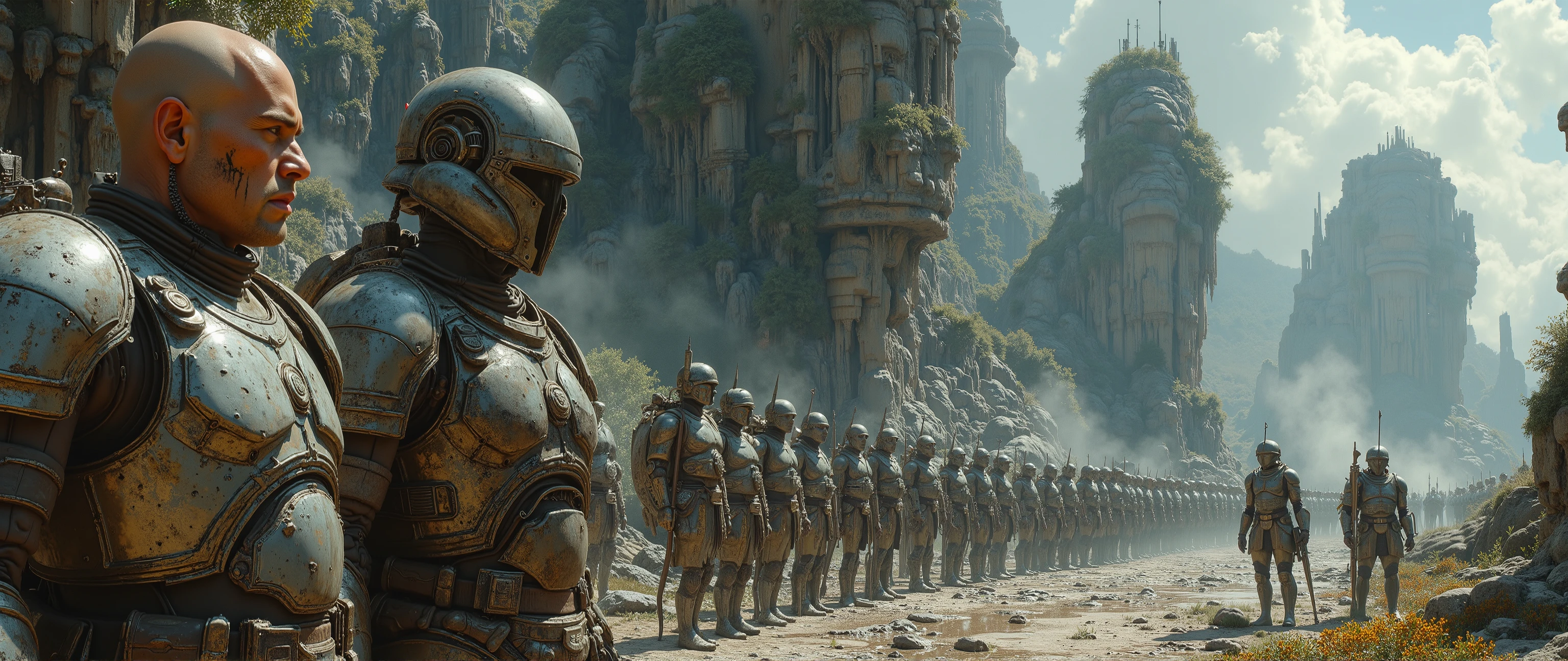 epic oil painting , 16 thousand., photo quality, The fantasy zone , scrupulous drawing of all the little details, 10000 years , is a very futuristic landscape with fantastic warriors and rymen , , incredible detail with thousands of small details , is a powerful warrior, an ry veteran in incredibly high-tech armor, the combat uniform of the future without a helmet , A MILITARY COUNCIL OF GENERALS IN FRONT OF THE ARMY BUILT ON THE EVE OF THE BATTLE, Universe , , all accents on the veteran's face close-up, the face shows all the scars and wrinkles of a battle-hardened warrior, a veteran is surrounded by his professional Guardsmen, all warriors have incredibly high-tech railguns, epic oil painting , 16 thousand., The fantasy zone , scrupulous drawing of all the little details, 10000 years , is a very futuristic landscape with alien flora and fauna on a gloomy tropical planet with a giant ocean with colorful vegetation and very aggressive fauna, poisonous sea anemones, carnivorous corals, horrible mollusks and monsters, marshland with predatory tentacles, dark atmosphere, constant rain, ghostly fog , ancient karst mountains overgrown with alien moss , incredible detail with thousands of small details , an army of powerful female ry warriors in incredibly high-tech armor, the combat uniform of the future in very short mini skirts, stands in formation before battle , , Universe , , , all warriors have incredibly high-tech railguns, bird's-eye view of the epic grandiose picture, axonometry, epic troops of currency courtesans