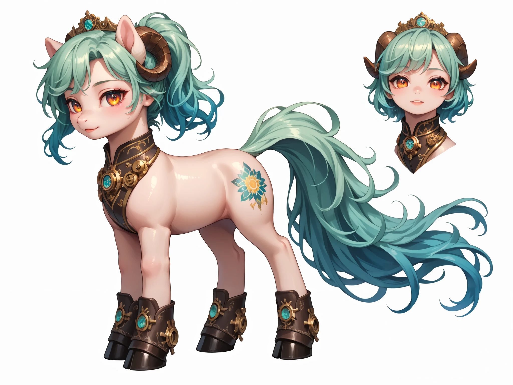 blueprint, Character Sheet,((Live-2D)) masterpiece, 1 girl, whole body, stands right now, steampunk clothing , military clothing , looking at the viewer, detailed face, girl with green Wave hair , pony , Metal sheep horns , Gradient hair , multicolor hair, light green hair , turquoise hair tips, Wave hair , gradient eyes , orange eyes, (simple background, white background: 1.3)