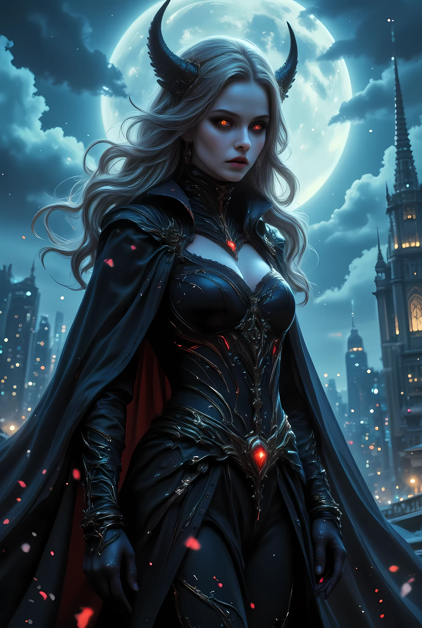 anime comic illustration fantasy art, gothic art, (masterpiece:1.5), full body best details, highly detailed, best quality, Glowing Red, highres, full body portrait of a female vampire (Masterpiece, best quality: 1.6), ultra feminine, wizard, with a long curvy hair, red hair, red eyes, busty, ((beautiful delicate face)), Ultra Detailed Face (intricate details, fantasy art, Masterpiece, best quality: 1.5), vampiric fangs, blue cloak, flowing cloak (intricate details, fantasy art, Masterpiece, best quality: 1.3), wearing an intricate (black: 1.4) intricate white  leather dress (intricate details, fantasy art, Masterpiece, best quality: 1.5), high heeled boots, fantasy urban background (intense details, beat details), fantasy, at night light, natural ,moon light, clouds, gothic atmosphere, soft light, dynamic light, [[anatomically correct]], high details, best quality, 8k, [ultra detailed], masterpiece, best quality, (extremely detailed), dynamic angle, aidmanijiv6, hyp3rd3tail style, Magic style