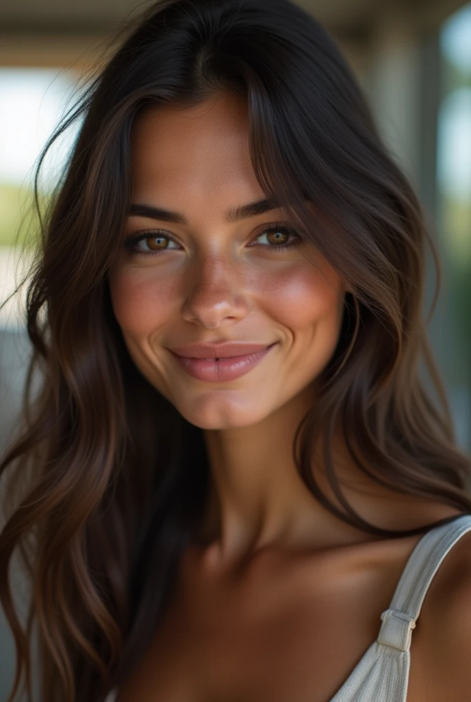 Pretty beautiful brunette, angle parfait, very detailed, , visage affectueux, long messy hair, Brown eyes, high resolution, head of'artwork, best quality,intricate details, very detailed,sharpness, detailed skin,realistic skin texture,texture, detailed eyes, professionnel, , ssmile, , 85mm,shallow depth of field,kodak vision color, eye shadow, extremely detailed, photo_\(ultra\), photorealistic, realistic, Post-traitement, maximum detail, roughness, real life, ultra realistic, photorealism, la photographie,, la photographie, voit tout le corps , next to a car, corps complet, midsized ,