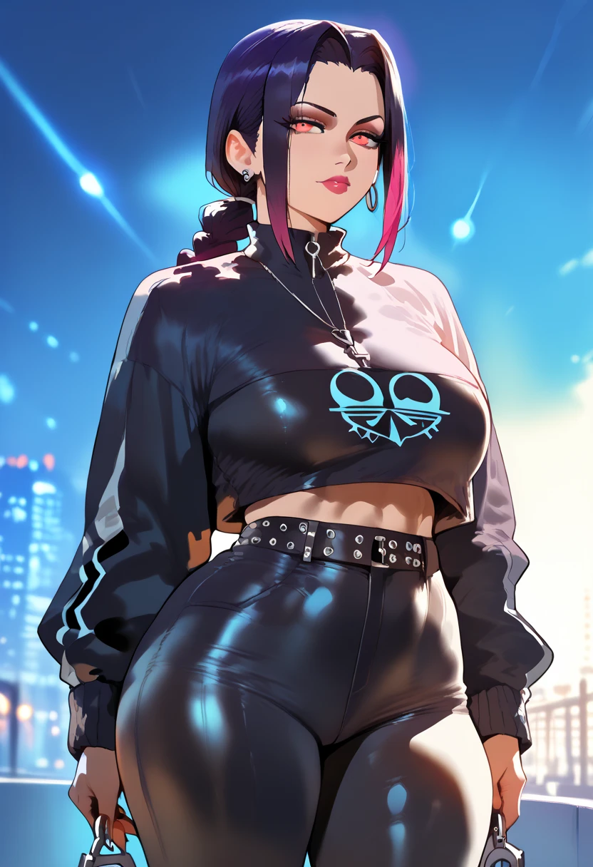rosa pokemon with oversized side buns, leather jacket, leggings, mini skirt, big breasts, cyberpunk
