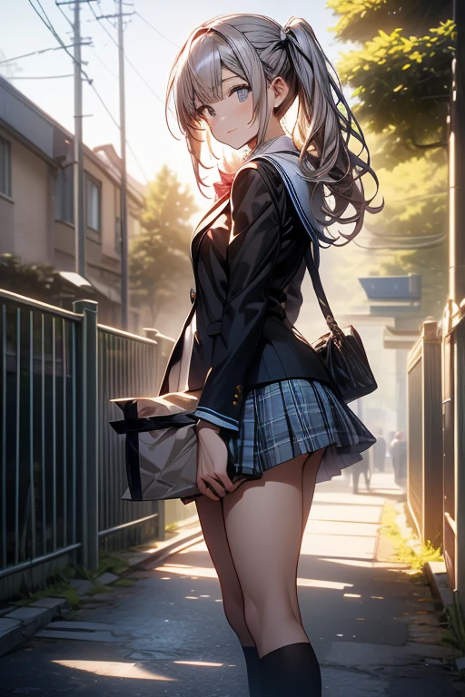 full body, view from side below, pretty ass, masterpiece:1.2, highest quality:1.2, 8k, CG, photorealistic:1.37, delicate detailed:1.8 (eyes, pupils, lips, face, hair, hand, skin, ass), soft touch illustration, braid, little cute girl (chibi:1.2), A girl wearing a blazer and a plaid mini skirt and thighhigh. The girl has beautiful detailed eyes and lips, and a long eyelashes. The scene is set in a garden, with vibrant colors and sharp focus. The artwork is of the highest quality, with ultra-detailed elements and a realistic style. The lighting is soft and natural, enhancing the overall atmosphere, walking to school, colorful backpack, cheerful expressions, morning sunshine, busy city streets, , morning rush, friends chatting, bustling crowd, tall buildings, crossing the road, street vendors, honking cars, bike lanes, green trees, book in hand, happy memories, laughter, fresh air, school gate, anticipation, learning journey, busy classrooms, knowledge, growth