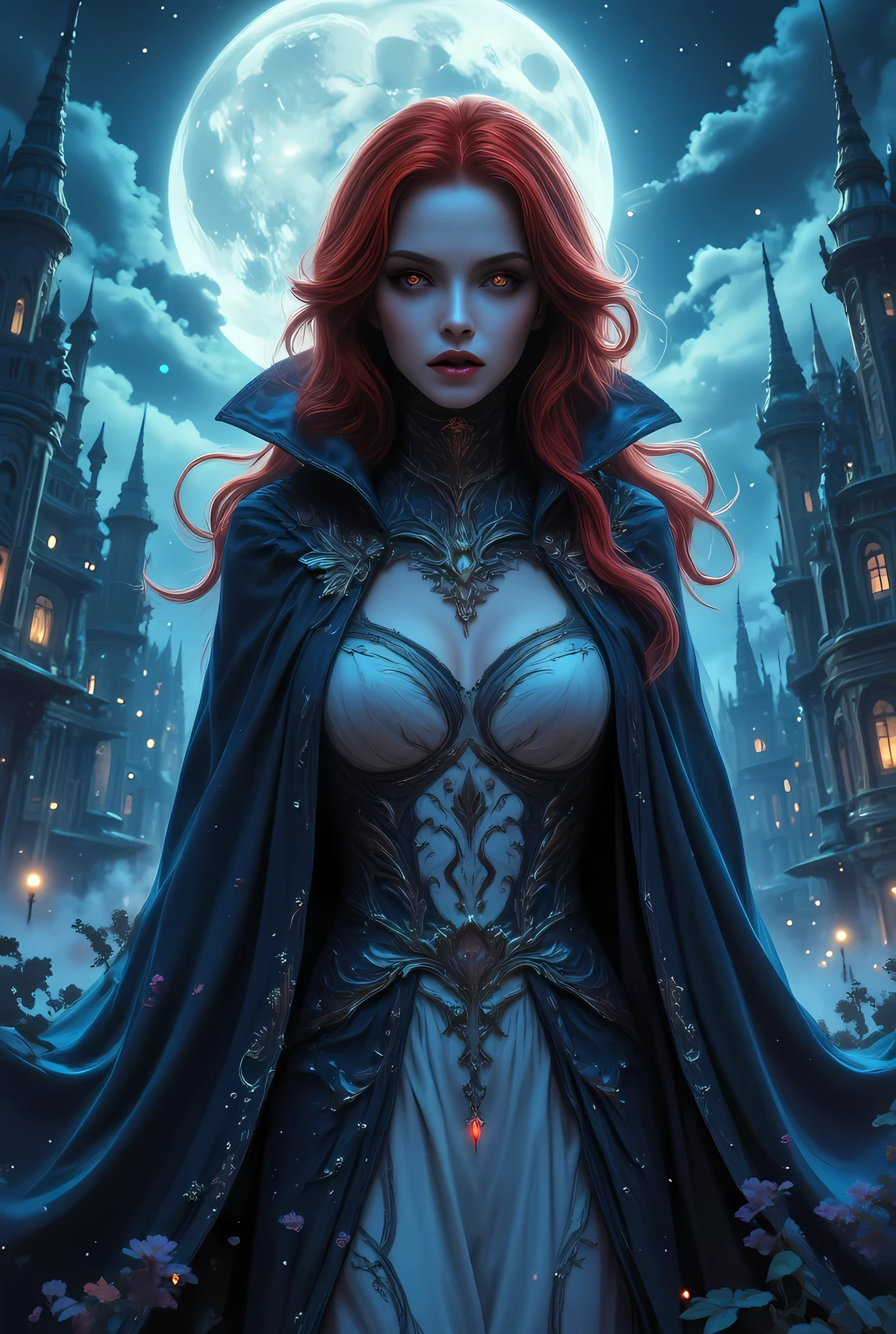 anime comic illustration fantasy art, gothic art, (masterpiece:1.5), full body best details, highly detailed, best quality, Glowing Red, highres, full body portrait of a female vampire (Masterpiece, best quality: 1.6), ultra feminine, wizard, with a long curvy hair, red hair, red eyes, busty, ((beautiful delicate face)), Ultra Detailed Face (intricate details, fantasy art, Masterpiece, best quality: 1.5), vampiric fangs, blue cloak, flowing cloak (intricate details, fantasy art, Masterpiece, best quality: 1.3), wearing an intricate white dress, leather dress, high heeled boots, fantasy urban background (intense details, beat details), fantasy, at night light, natural ,moon light, clouds, gothic atmosphere, soft light, dynamic light, [[anatomically correct]], high details, best quality, 8k, [ultra detailed], masterpiece, best quality, (extremely detailed), dynamic angle, aidmanijiv6, hyp3rd3tail style, Magic style