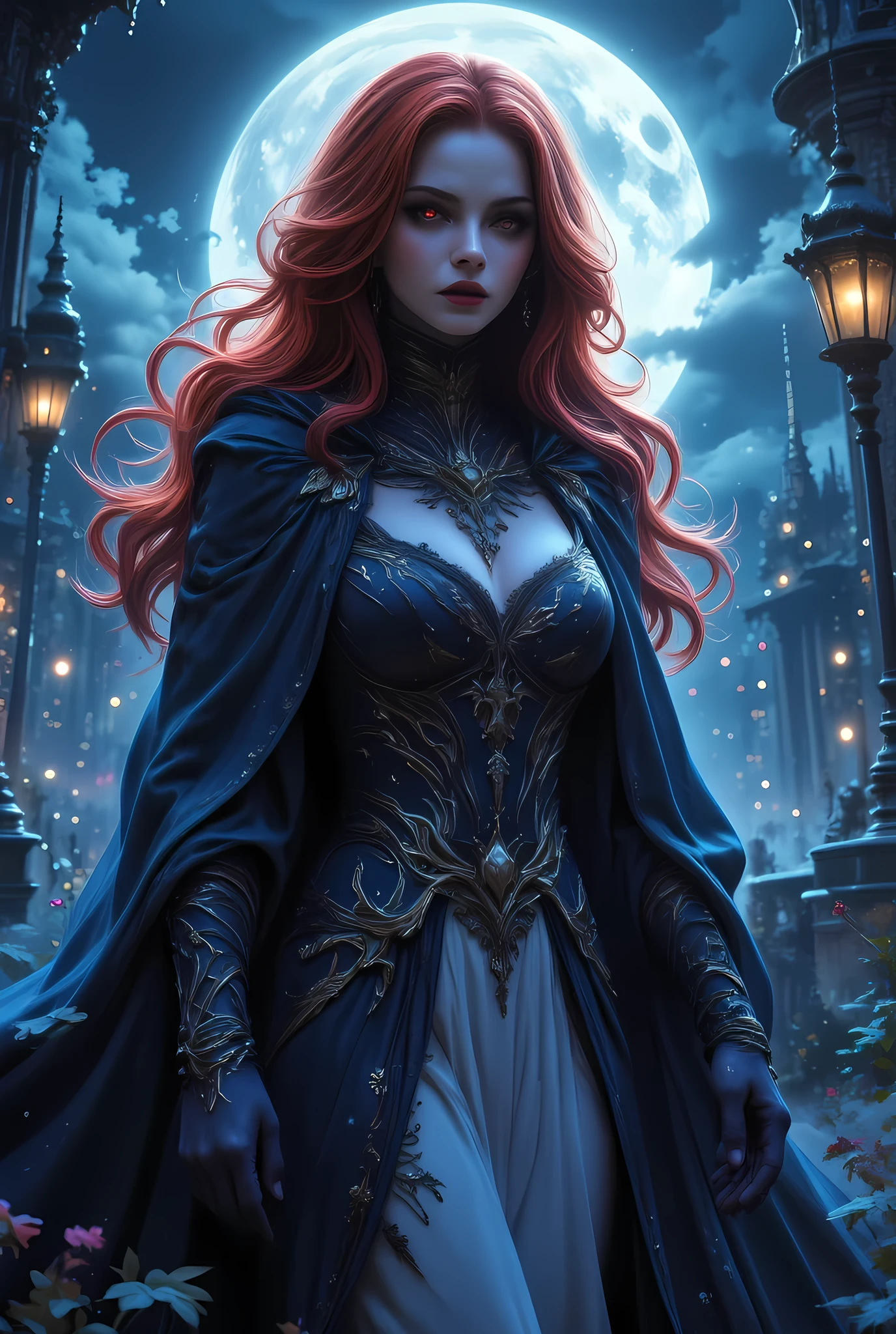 anime comic illustration fantasy art, gothic art, (masterpiece:1.5), full body best details, highly detailed, best quality, Glowing Red, highres, full body portrait of a female vampire (Masterpiece, best quality: 1.6), ultra feminine, wizard, with a long curvy hair, red hair, red eyes, busty, ((beautiful delicate face)), Ultra Detailed Face (intricate details, fantasy art, Masterpiece, best quality: 1.5), vampiric fangs, blue cloak, flowing cloak (intricate details, fantasy art, Masterpiece, best quality: 1.3), wearing an intricate white dress, leather dress, high heeled boots, fantasy urban background (intense details, beat details), fantasy, at night light, natural ,moon light, clouds, gothic atmosphere, soft light, dynamic light, [[anatomically correct]], high details, best quality, 8k, [ultra detailed], masterpiece, best quality, (extremely detailed), dynamic angle, aidmanijiv6, hyp3rd3tail style, Magic style