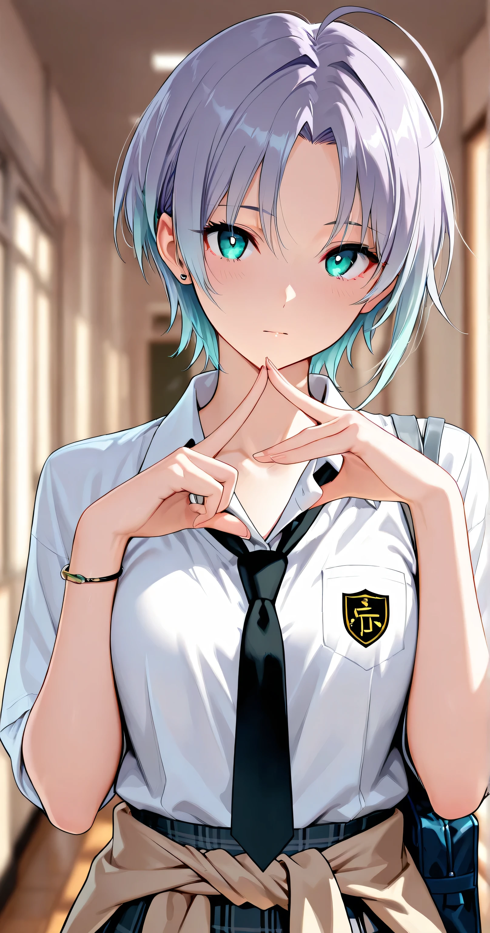 insanely detailed,
sharp focus on eyes and facial details, stunning clarity, sharp focus(1.5),
Well-defined facial features,
She is beautiful.
She is standing.
holding,
t_asakura, ahoge, gradient hair, pale purple hair, multicolored hair, parted bangs(1.5), aqua eyes, short choppy pixie cut, delicate strands, silky smooth, forehead
beautiful eyes, detailed eyes, detailed irises, gentle shading,
She is balanced proportions.
Beautiful breasts, small breasts, slender,
She wearing a school uniform.
school uniform, shirt, white shirt, bracelet, cardigan, (deep-skyblue cardigan around waist), clothes around waist, jewelry, bag, school bag, ear piercing, (black necktie), gray plaid skirt,
Clear Skin, Alluring mystique,
Indoors, blurry background, No stuffed animals or toys, simple luxury background, minimalistic luxury setting,
soft ambient lighting,
masterpiece, best quality, ultra-detailed, 8k resolution,
Crisp details, vibrant details,
sharp focus,
1girl, solo, perfect anatomy, correct generation of hands, 4fingers and 1thumbs, visible hands in a natural pose, both hands clearly visible, nice hands, perfect hand.
2D anime style(1.3),
face shot, front view, looking at viewer,
highly detailed face, slender body, flawless skin.