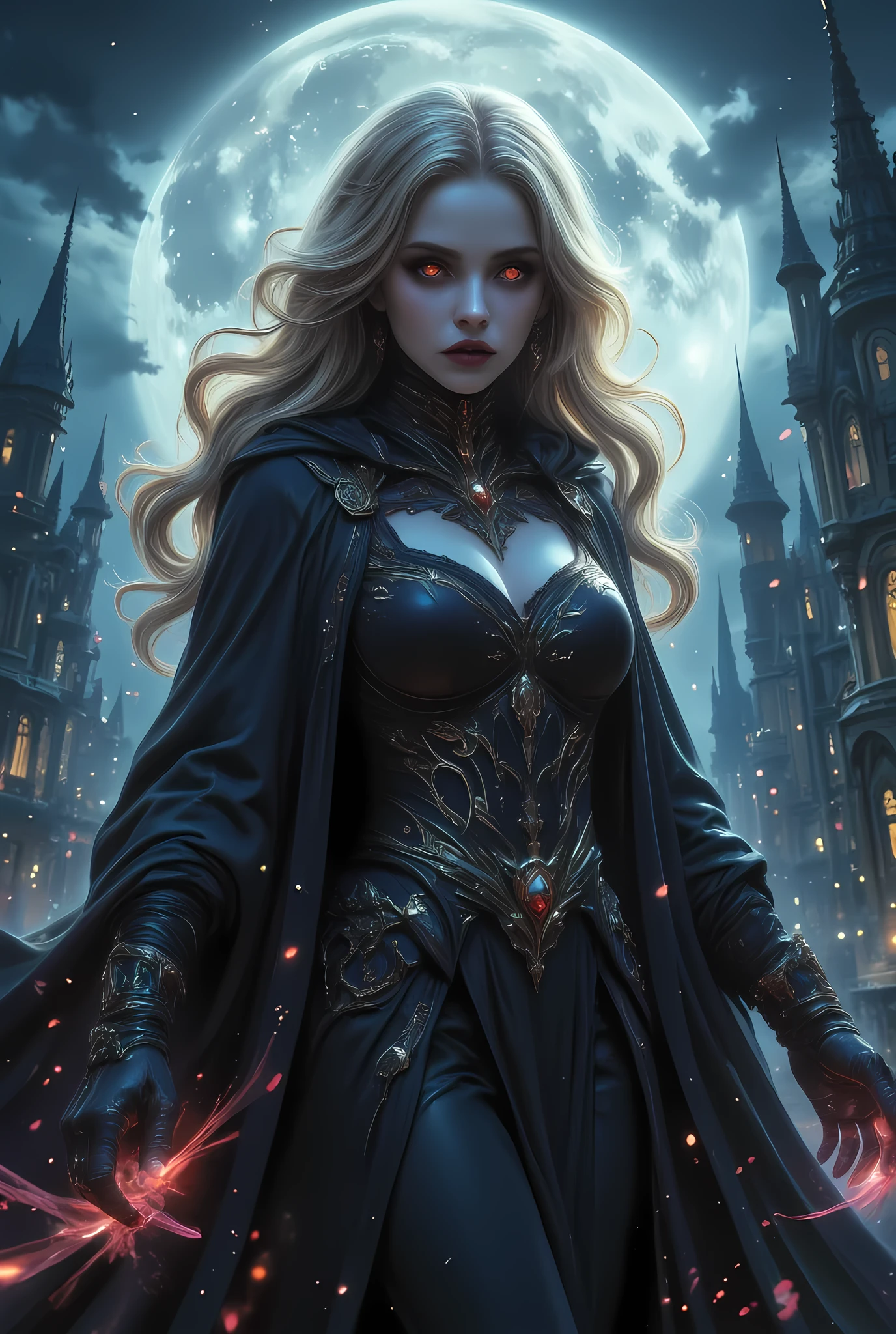 anime comic illustration fantasy art, gothic art, (masterpiece:1.5), full body best details, highly detailed, best quality, Glowing Red, highres, full body portrait of a female vampire (Masterpiece, best quality: 1.6), ultra feminine, wizard, with a long curvy hair, gold hair, red eyes, busty, ((beautiful delicate face)), Ultra Detailed Face (intricate details, fantasy art, Masterpiece, best quality: 1.5), vampiric fangs, blue cloak, flowing cloak (intricate details, fantasy art, Masterpiece, best quality: 1.3), wearing an intricate white  dress, leather dress (intricate details, fantasy art, Masterpiece, best quality: 1.5), high heeled boots, fantasy urban background (intense details, beat details), fantasy, at night light, natural ,moon light, clouds, gothic atmosphere, soft light, dynamic light, [[anatomically correct]], high details, best quality, 8k, [ultra detailed], masterpiece, best quality, (extremely detailed), dynamic angle, aidmanijiv6, hyp3rd3tail style, Magic style